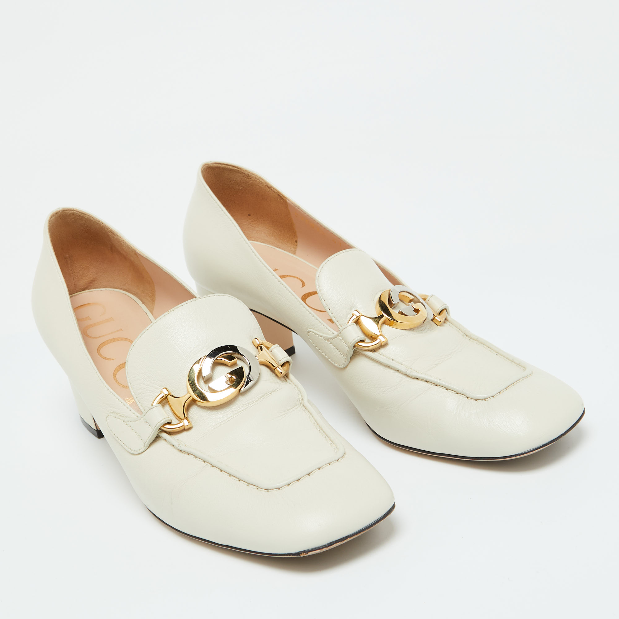 Gucci White Leather Zumi GG Loafer Block Heel Pumps Size 41