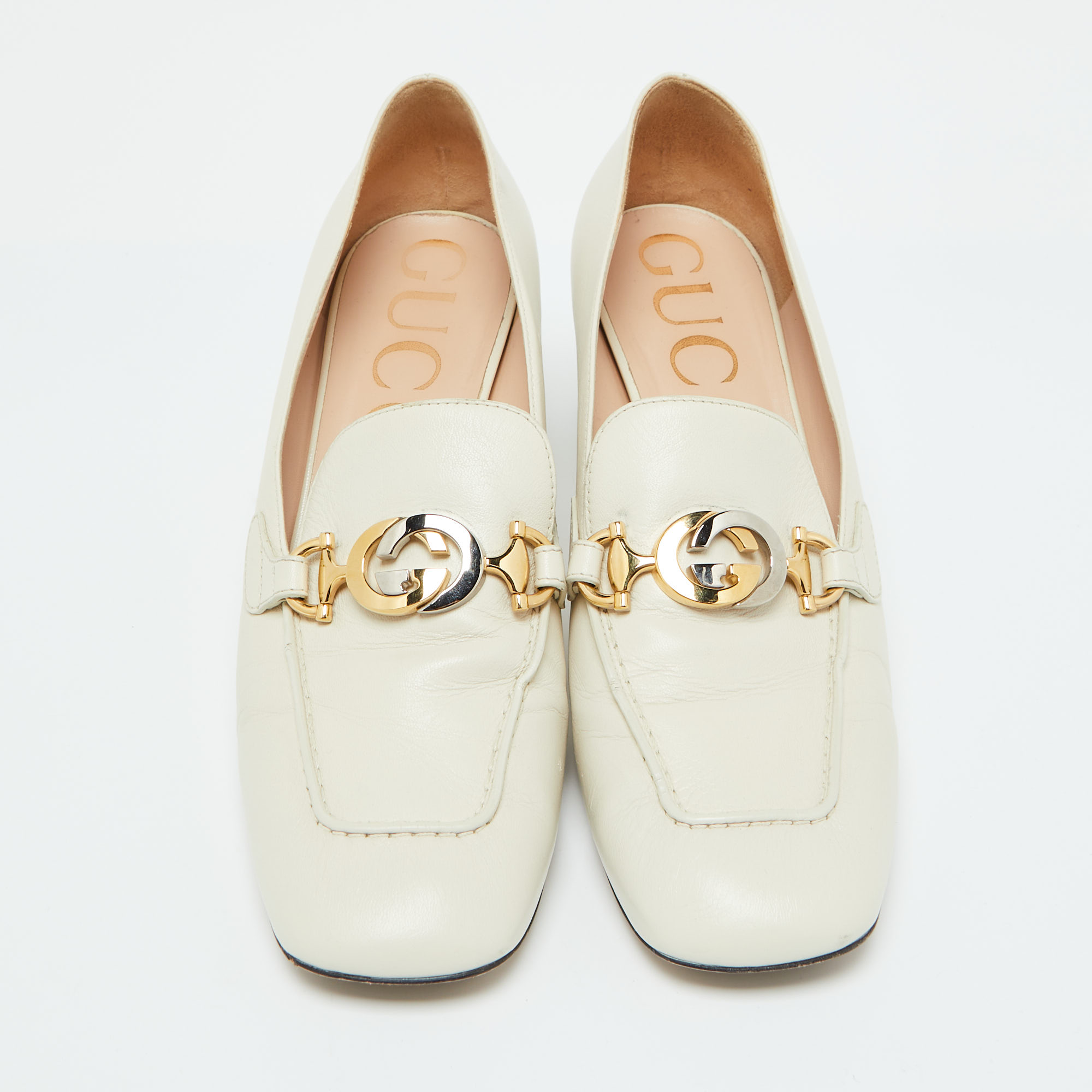 Gucci White Leather Zumi GG Loafer Block Heel Pumps Size 41