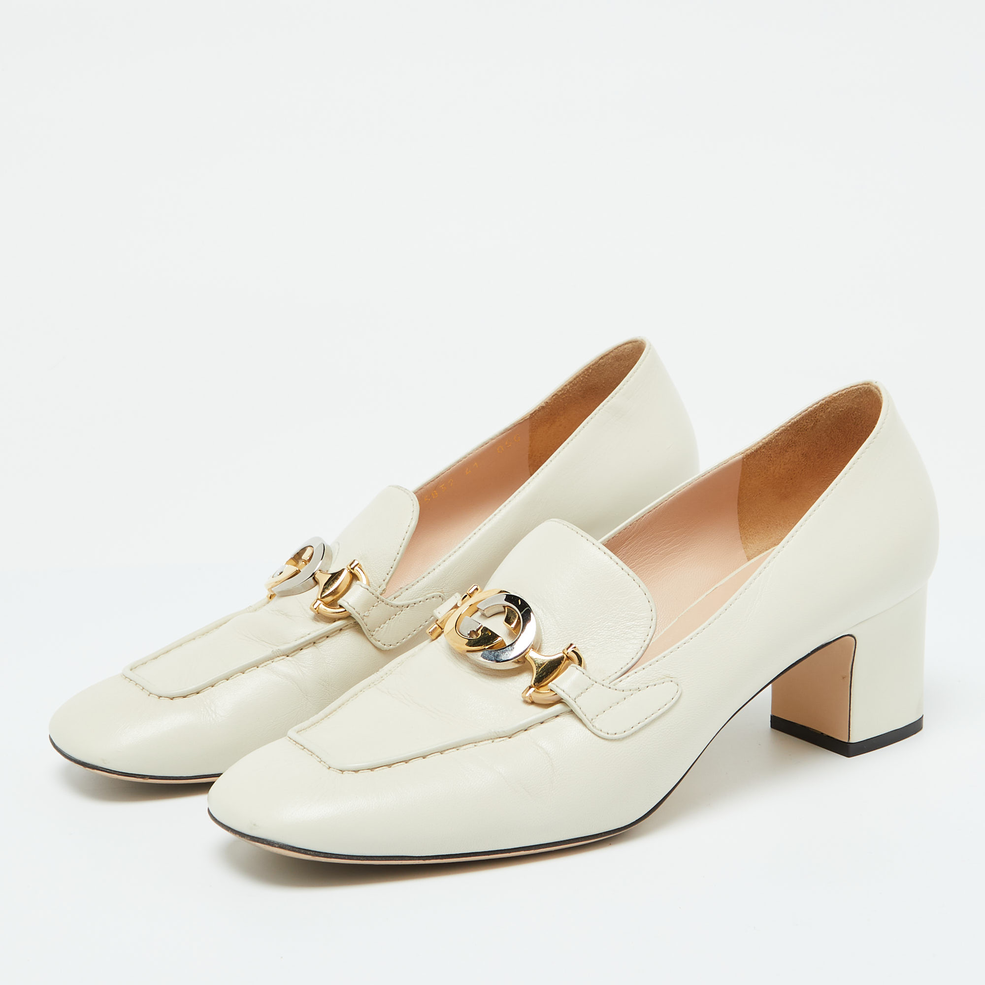 Gucci White Leather Zumi GG Loafer Block Heel Pumps Size 41