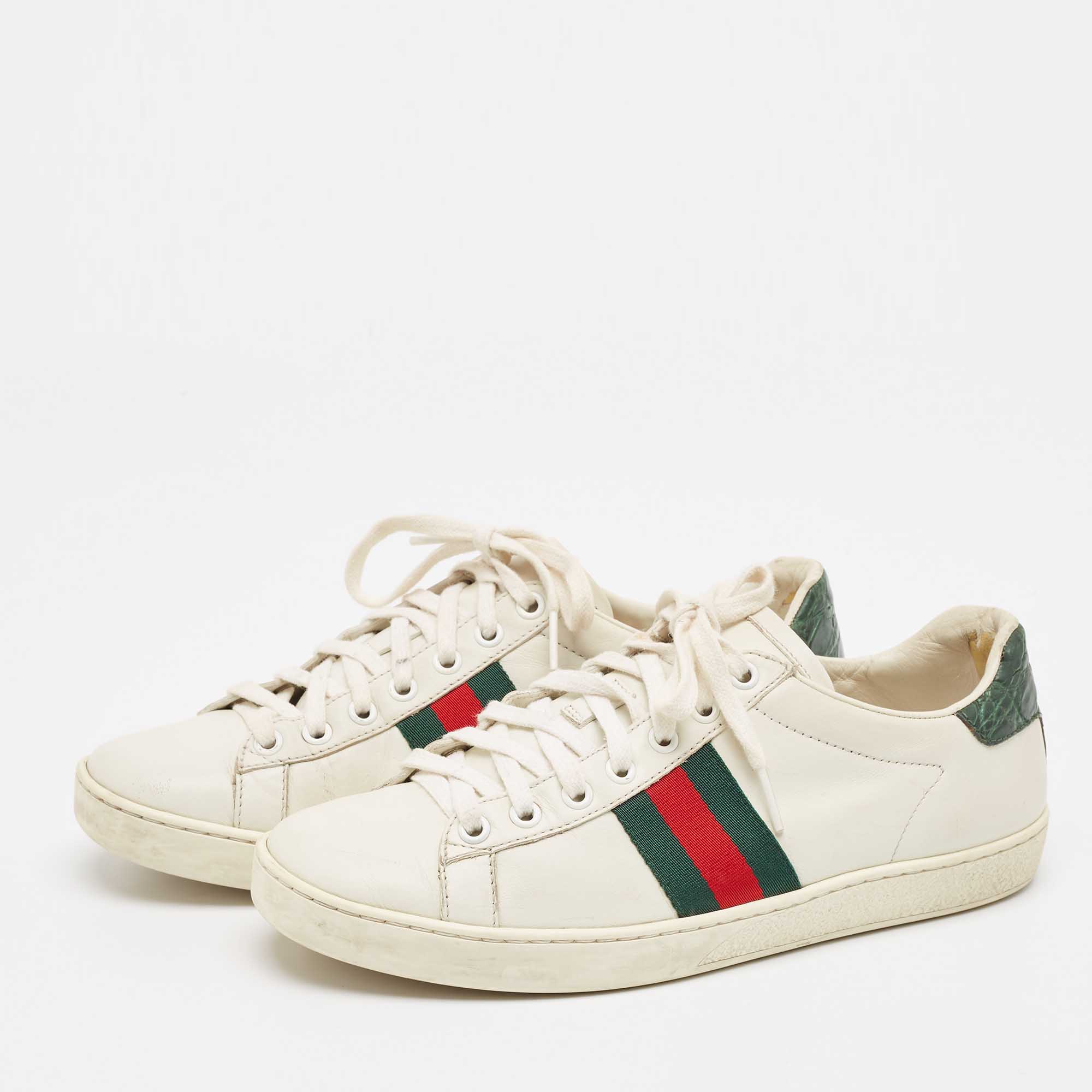 Gucci White Crocodile And Leather Ace Lace Up Sneakers Size 38