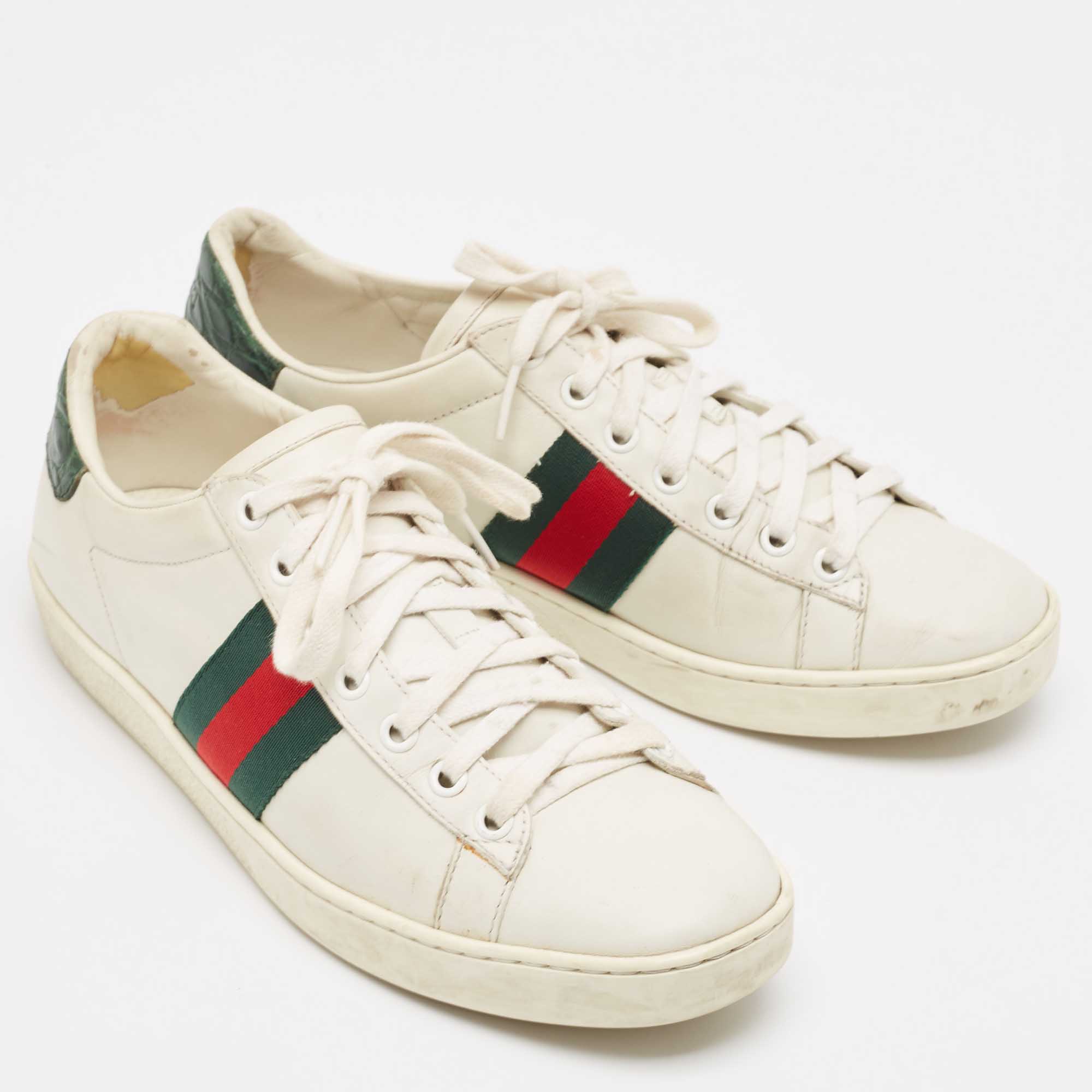 Gucci White Crocodile And Leather Ace Lace Up Sneakers Size 38