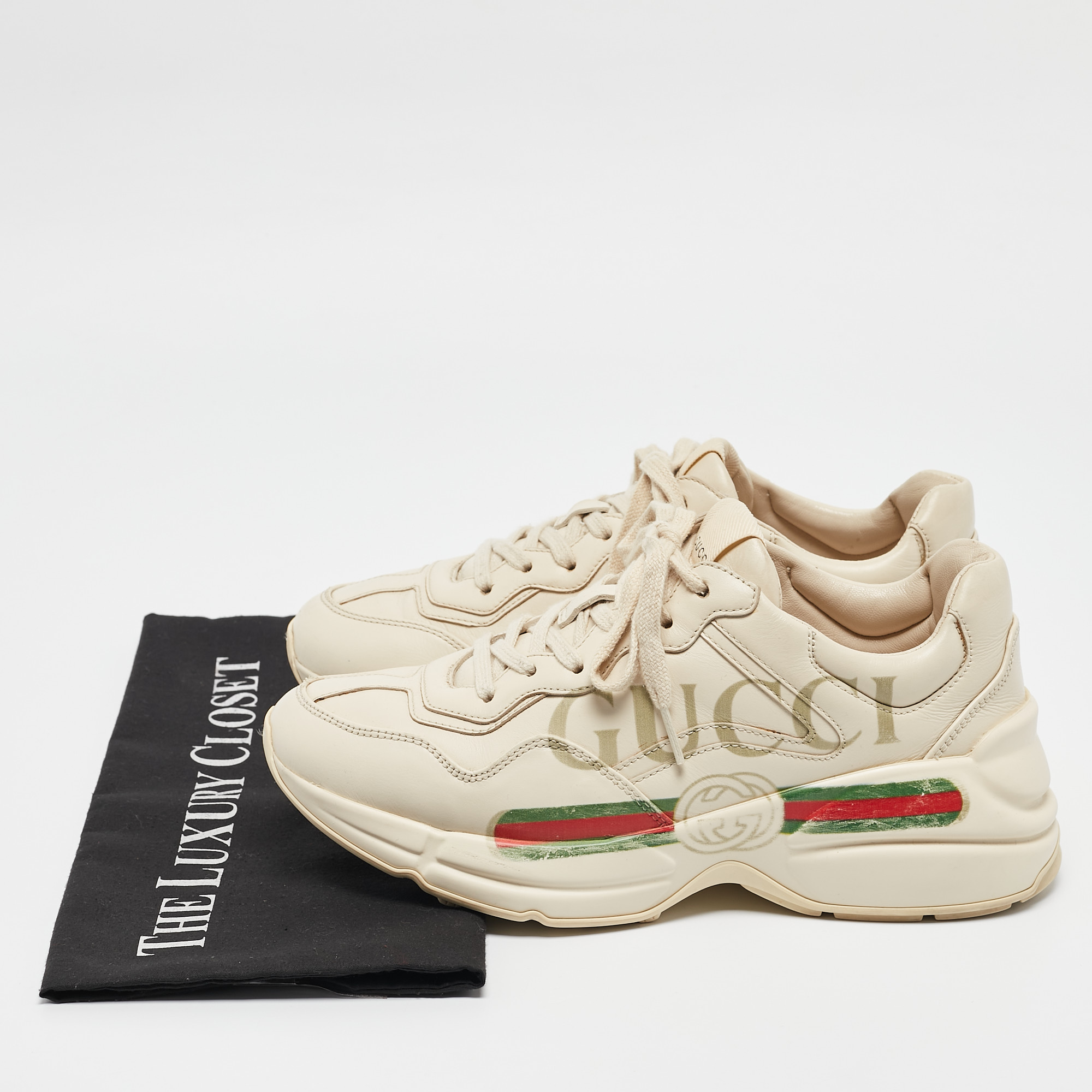 Gucci Cream Leather Rhyton Lace Up Sneakers Size 37.5