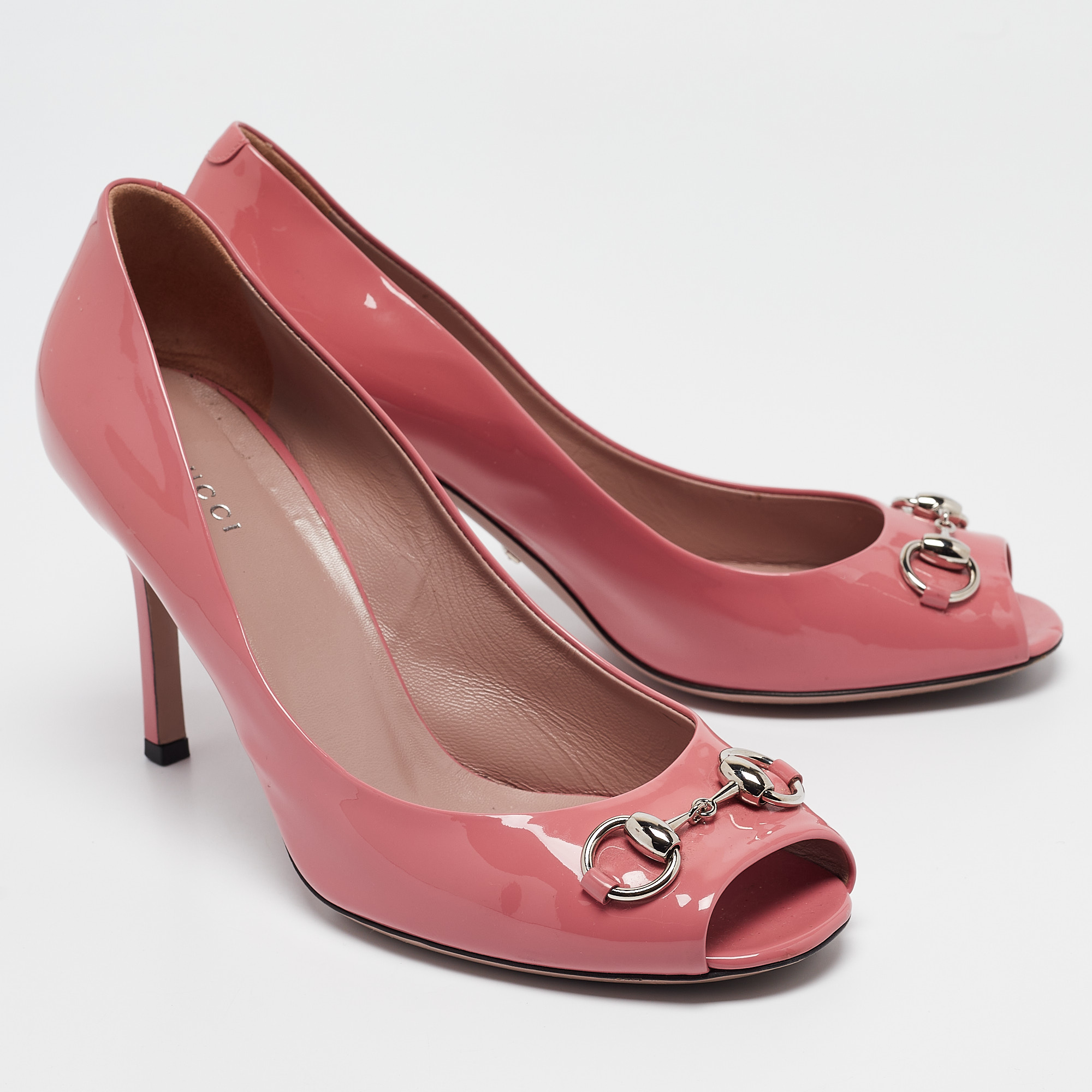 Gucci Pink Patent Leather Horsebit Peep Toe Pumps Size 40