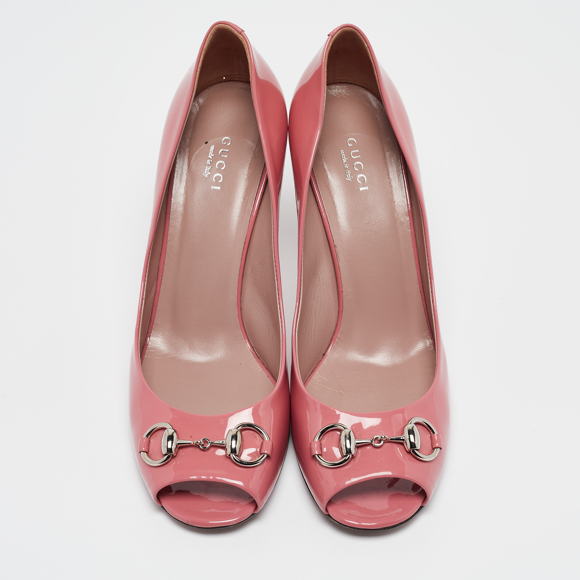 Gucci Pink Patent Leather Horsebit Peep Toe Pumps Size 40