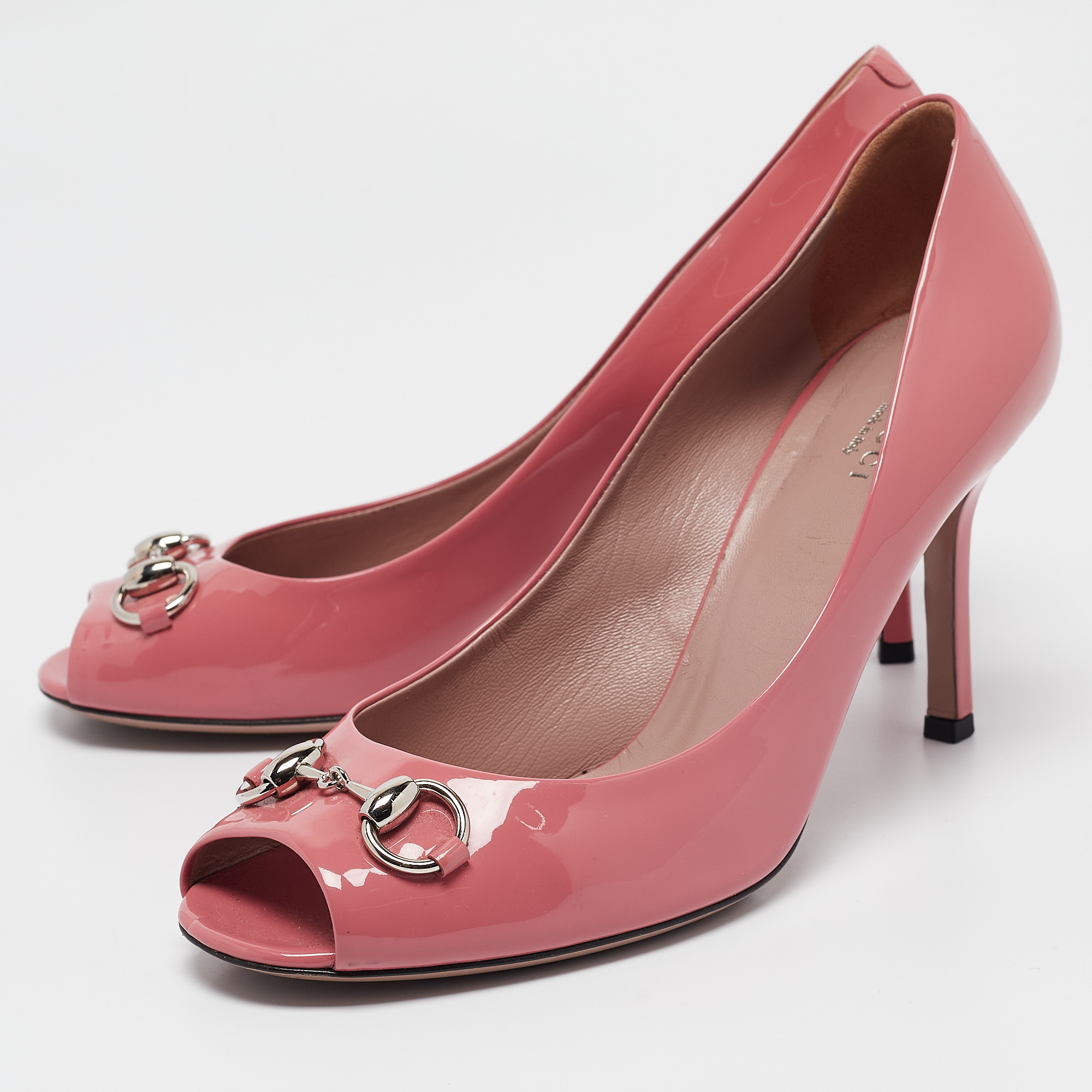 Gucci Pink Patent Leather Horsebit Peep Toe Pumps Size 40