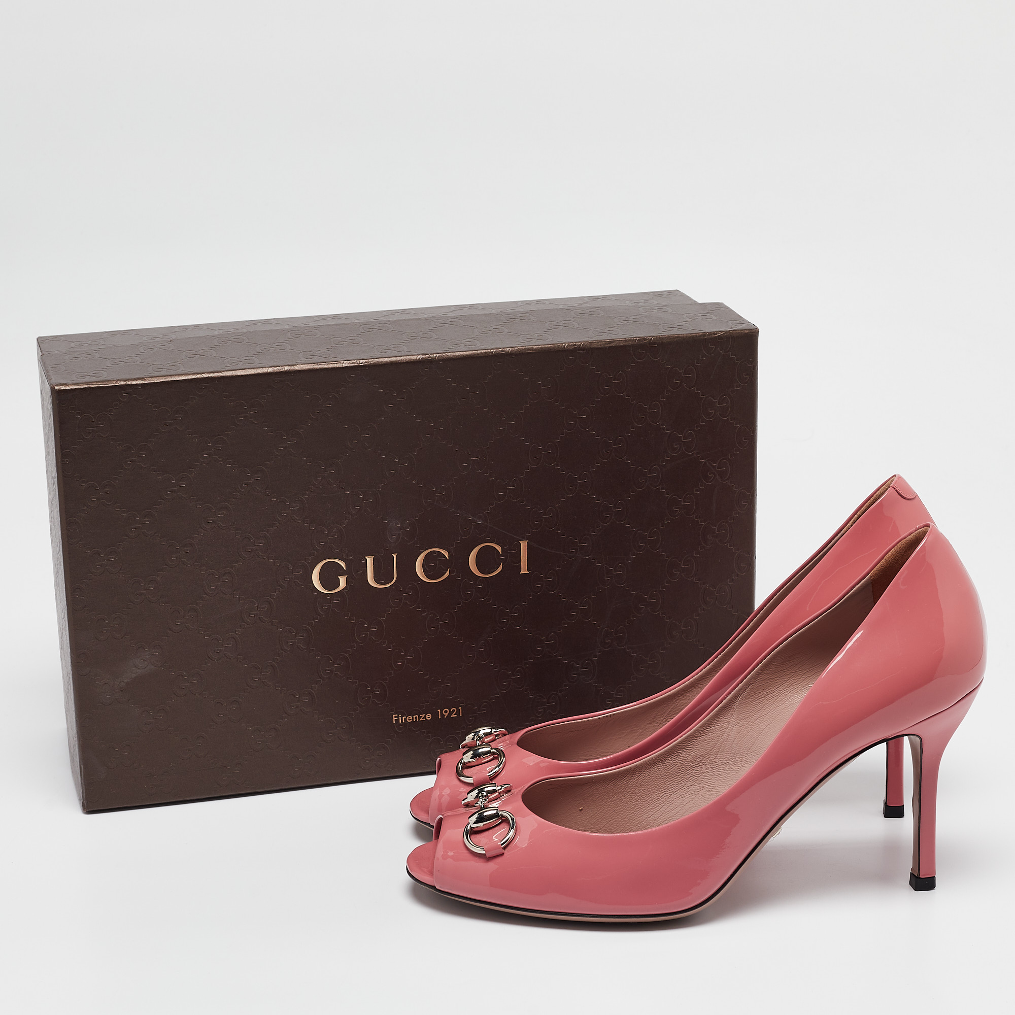 Gucci Pink Patent Leather Horsebit Peep Toe Pumps Size 40