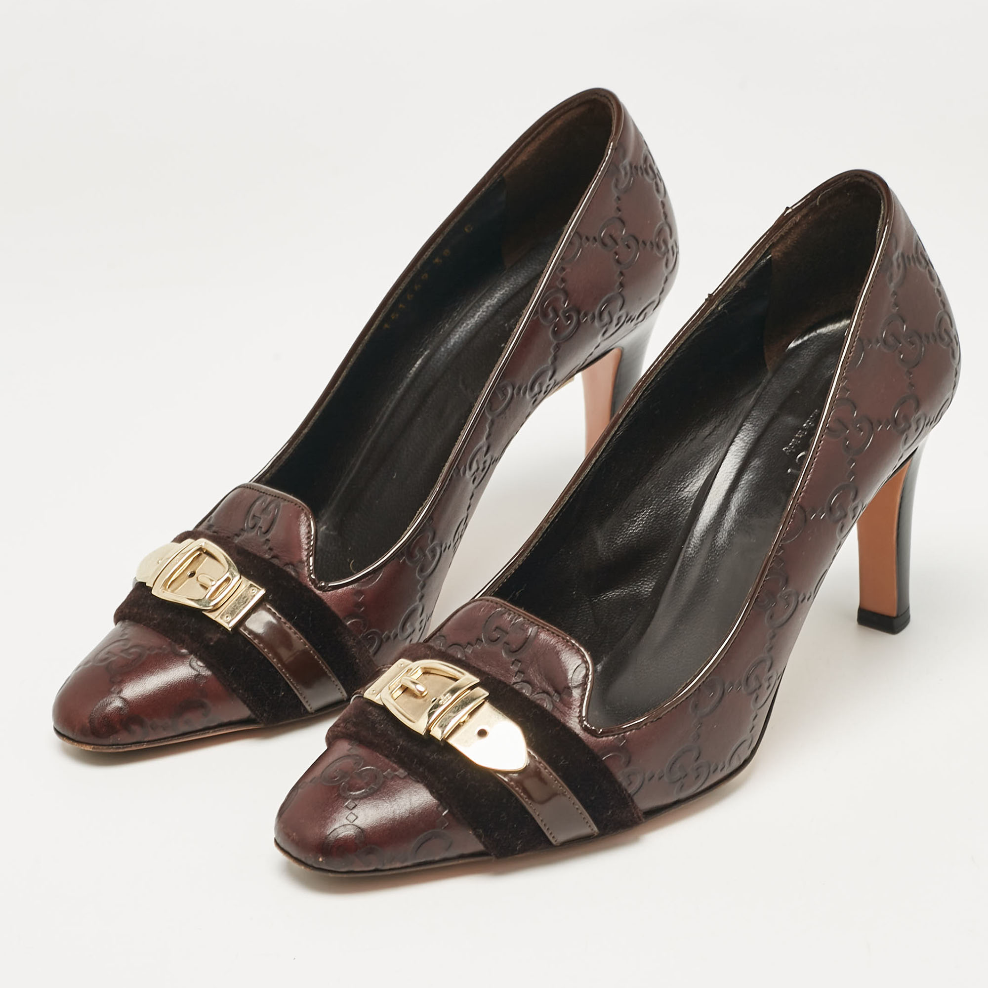 Gucci Dark Brown Guccissima Leather And Velvet Metal Buckle Pumps Size 38