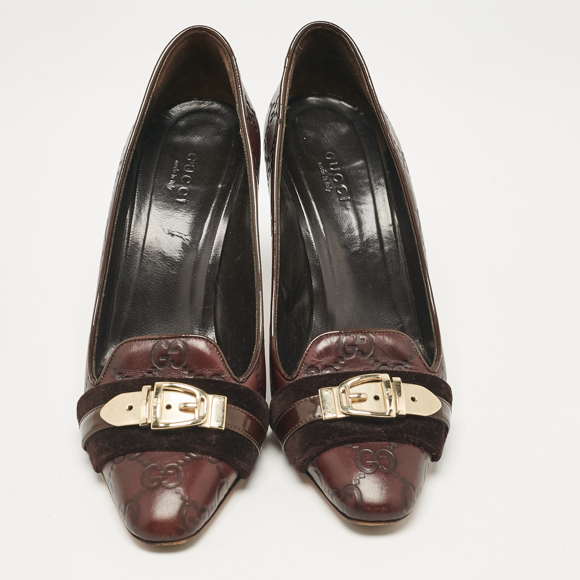 Gucci Dark Brown Guccissima Leather And Velvet Metal Buckle Pumps Size 38