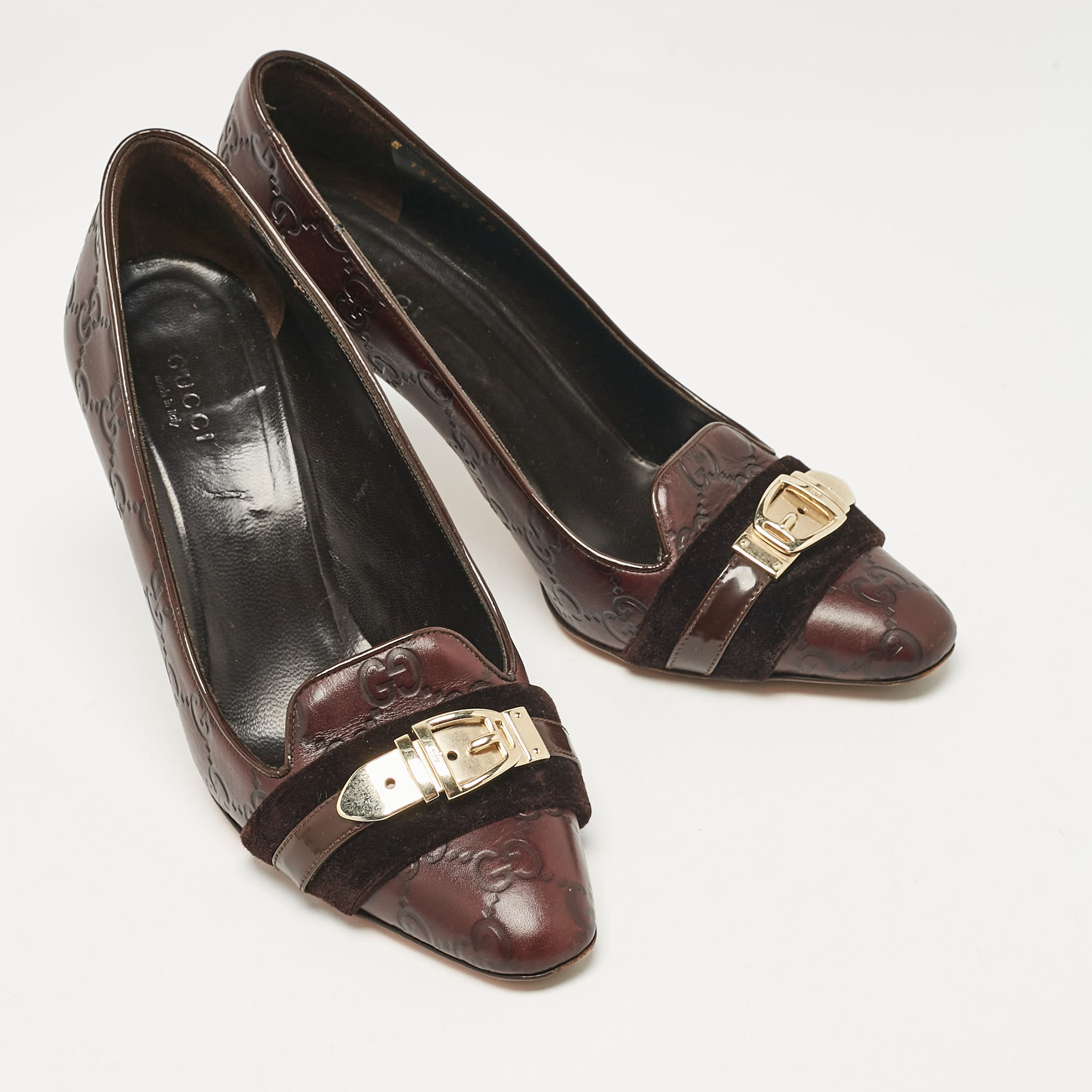 Gucci Dark Brown Guccissima Leather And Velvet Metal Buckle Pumps Size 38