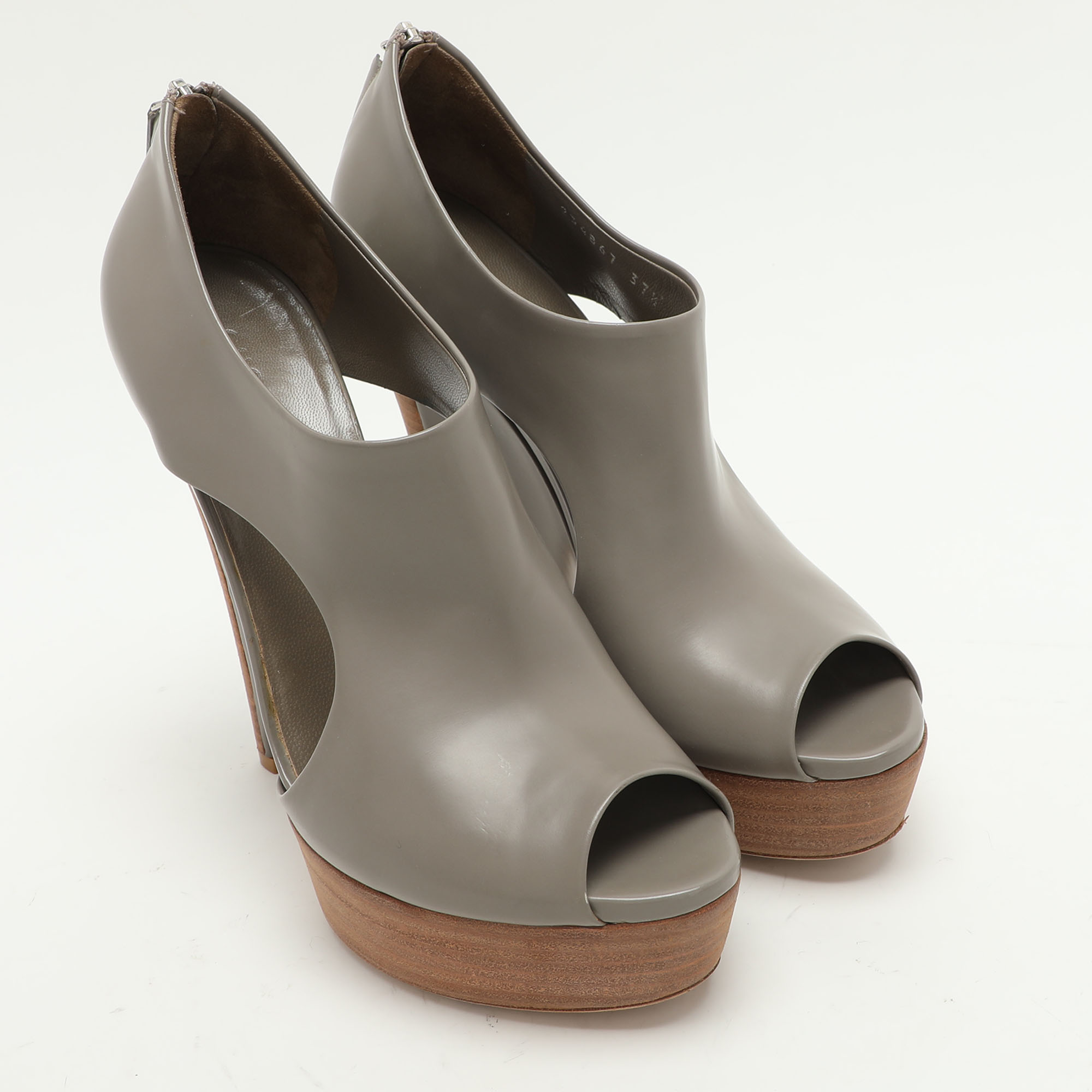 Gucci Grey Leather Cut Out Peep Toe Platform Booties Size 37.5