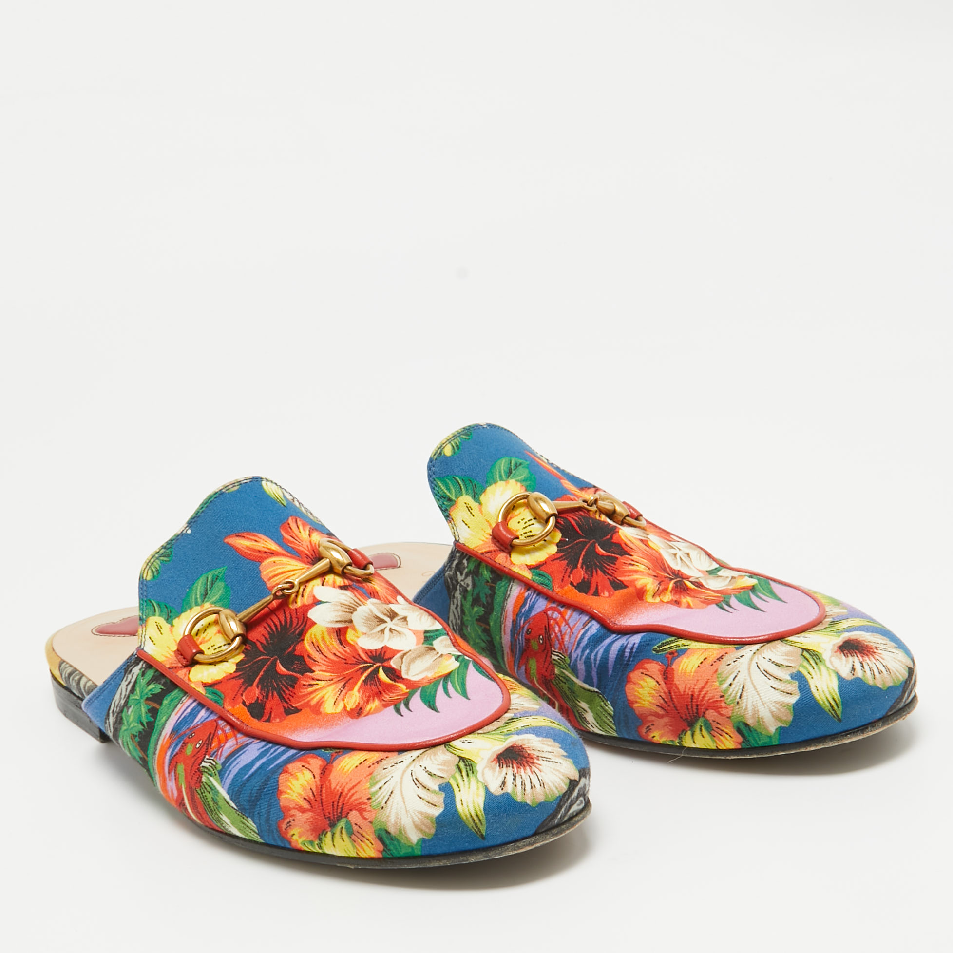 Gucci Multicolor Floral Fabric Princetown Flat Mules Size 39.5