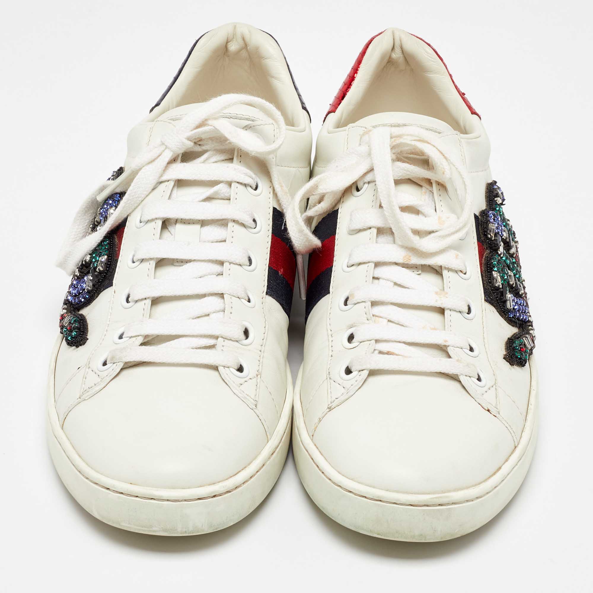 Gucci White Leather Snake Crystal Embellished Ace Low Top Sneakers Size 38.5