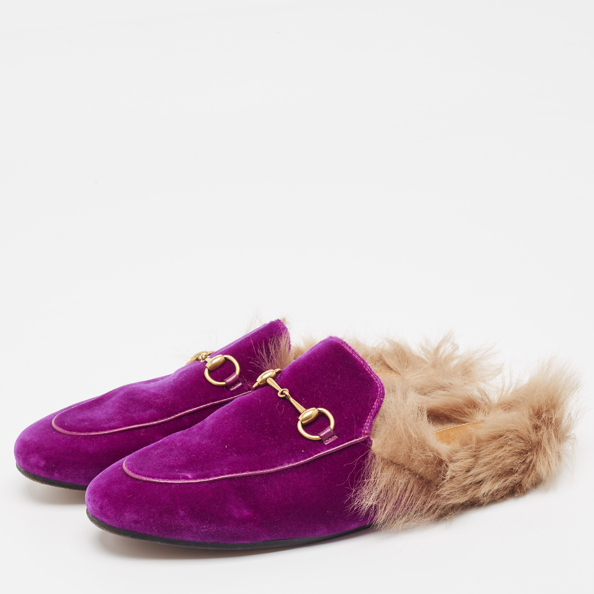 Gucci Purple Fur And Velvet Princetown Mules Size 38