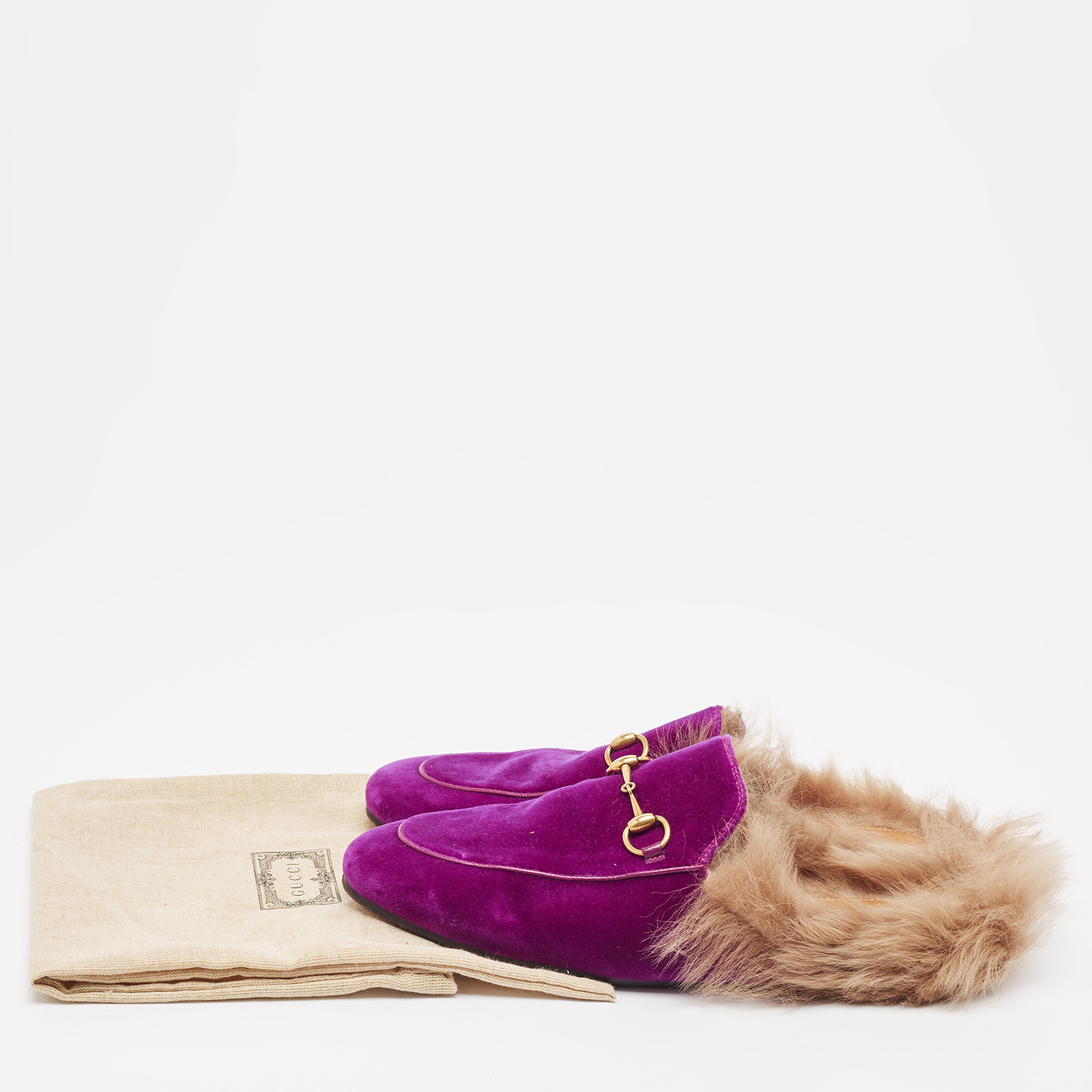 Gucci Purple Fur And Velvet Princetown Mules Size 38