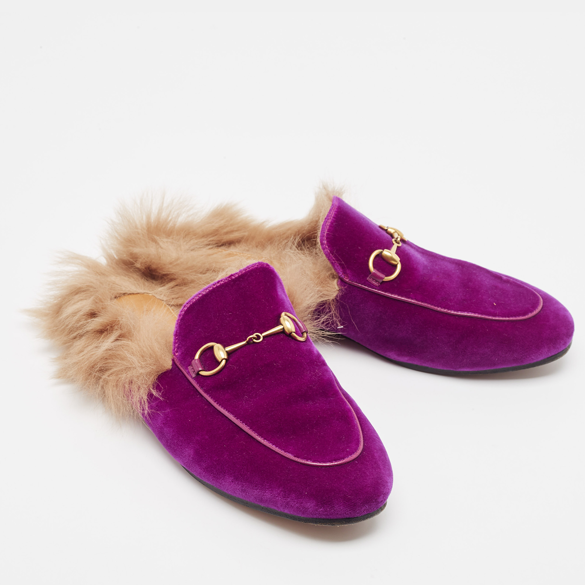 Gucci Purple Fur And Velvet Princetown Mules Size 38