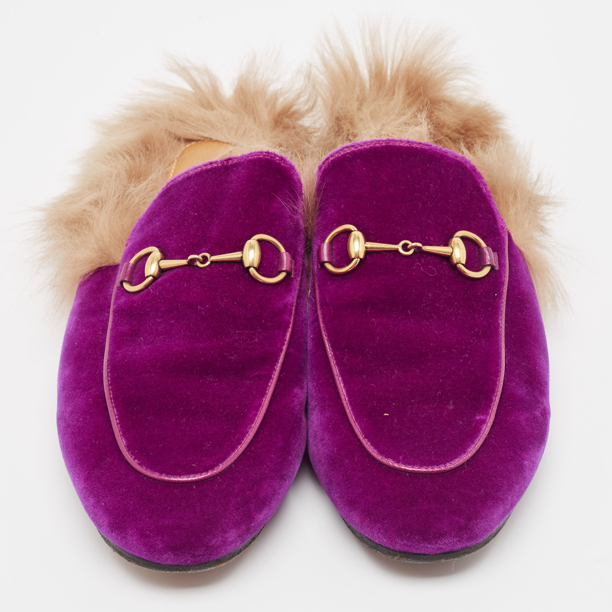 Gucci Purple Fur And Velvet Princetown Mules Size 38