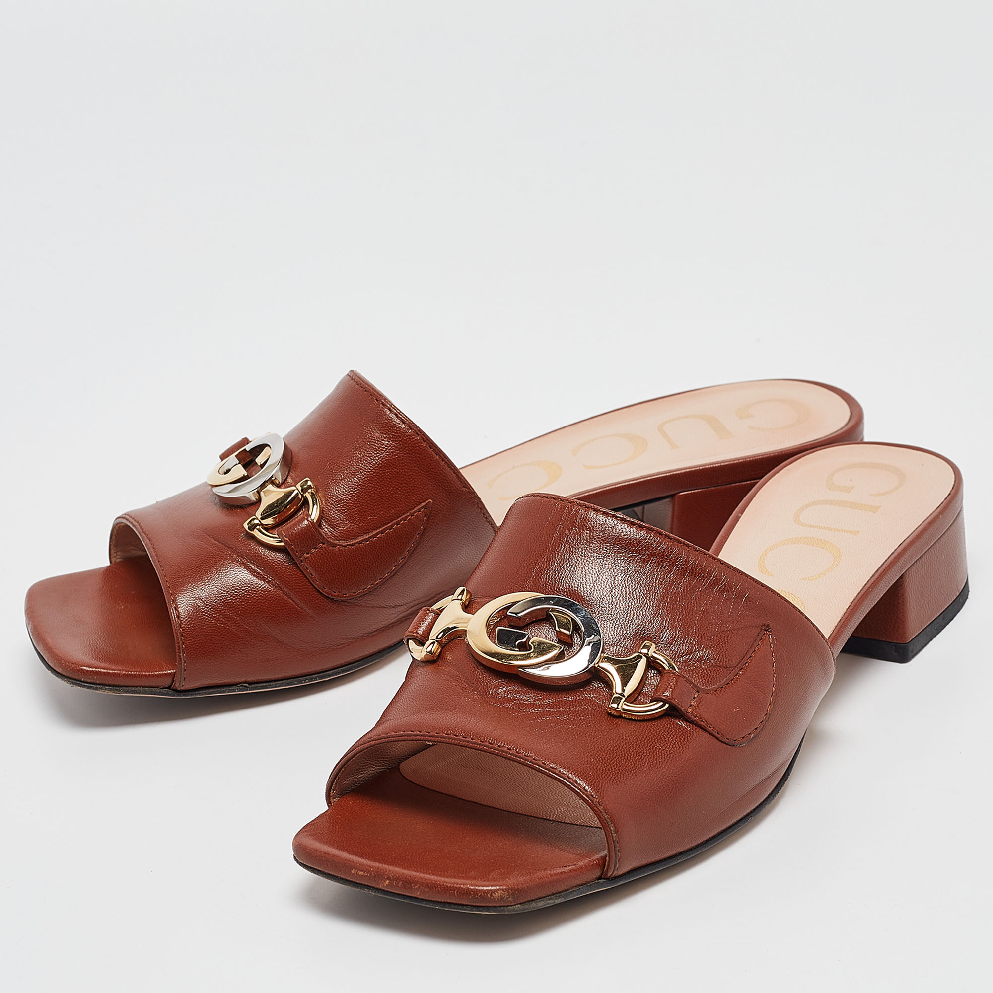 Gucci Brown Leather Zumi Slide Sandals Size 36