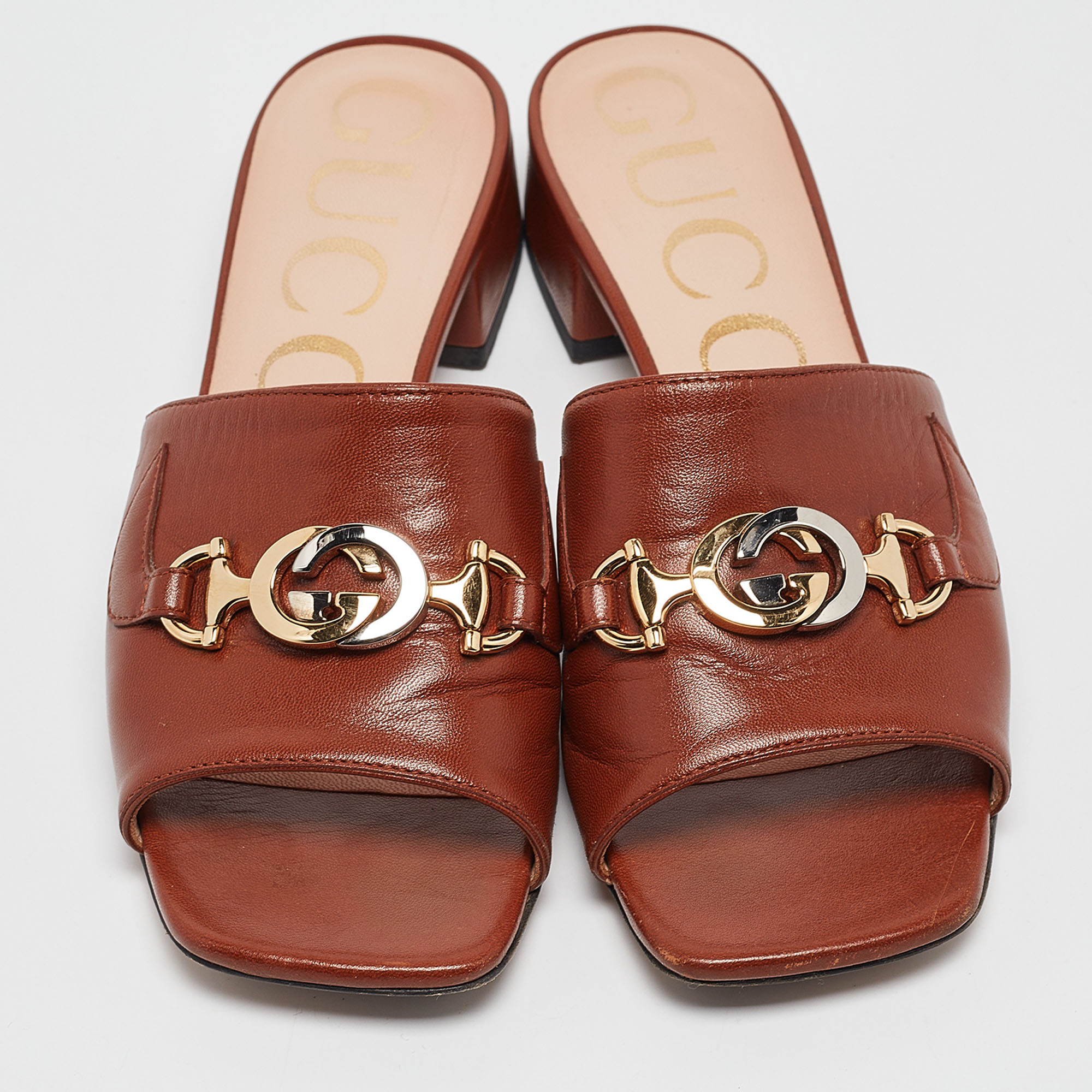 Gucci Brown Leather Zumi Slide Sandals Size 36