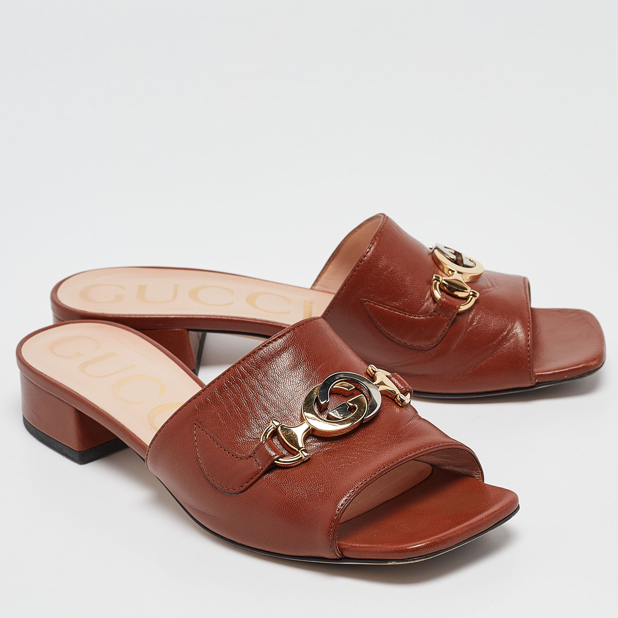 Gucci Brown Leather Zumi Slide Sandals Size 36