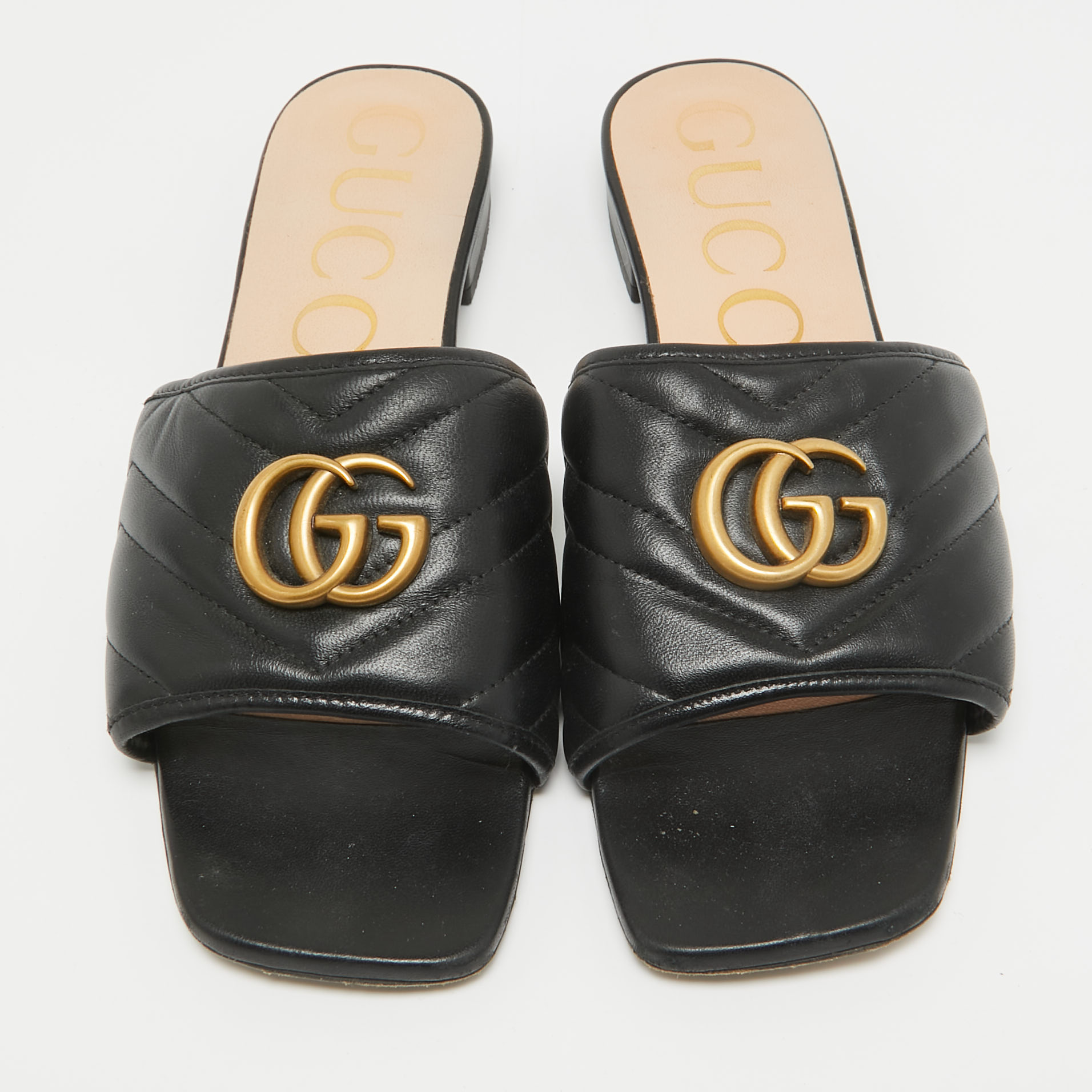 Gucci Black Quilted Leather GG Marmont Flat Slide Sandals Size 39.5