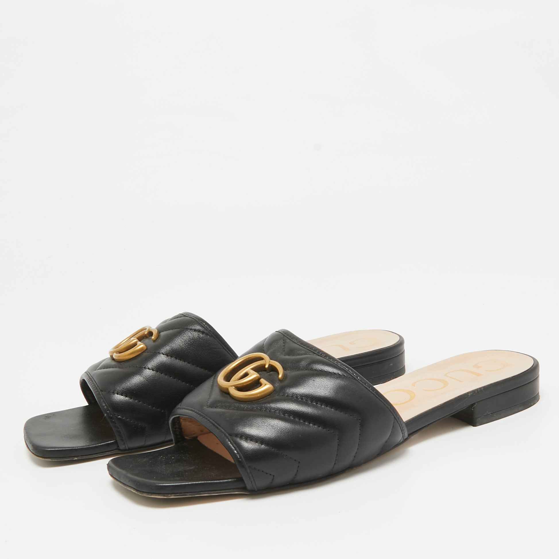 Gucci Black Quilted Leather GG Marmont Flat Slide Sandals Size 39.5