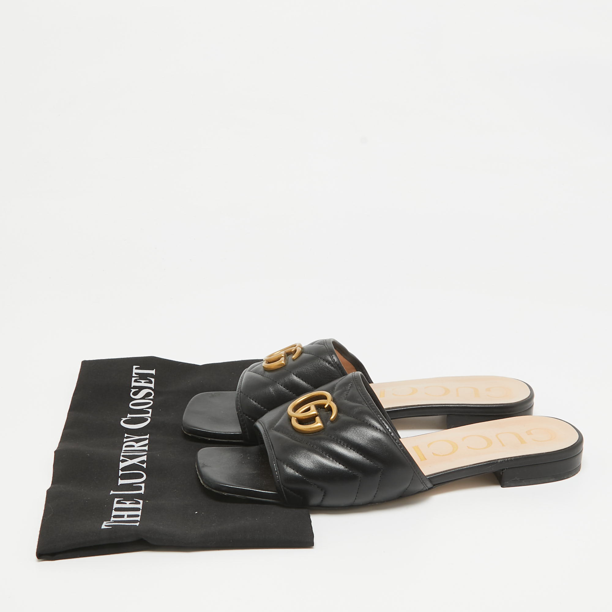 Gucci Black Quilted Leather GG Marmont Flat Slide Sandals Size 39.5