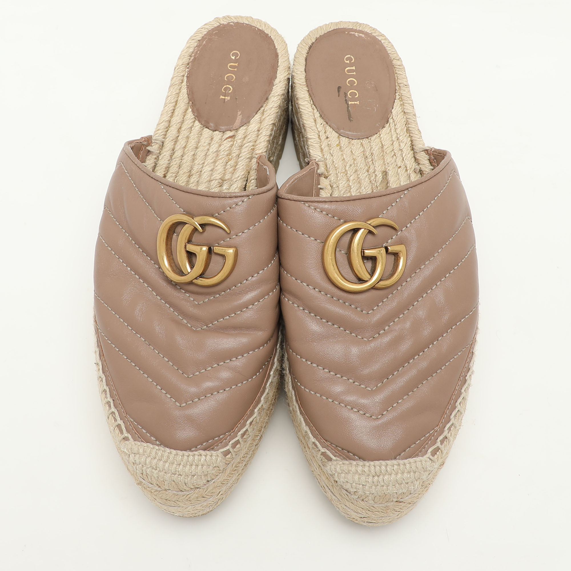 Gucci Beige Quilted Leather GG Marmont Platform Espadrille Flats Size 37.5