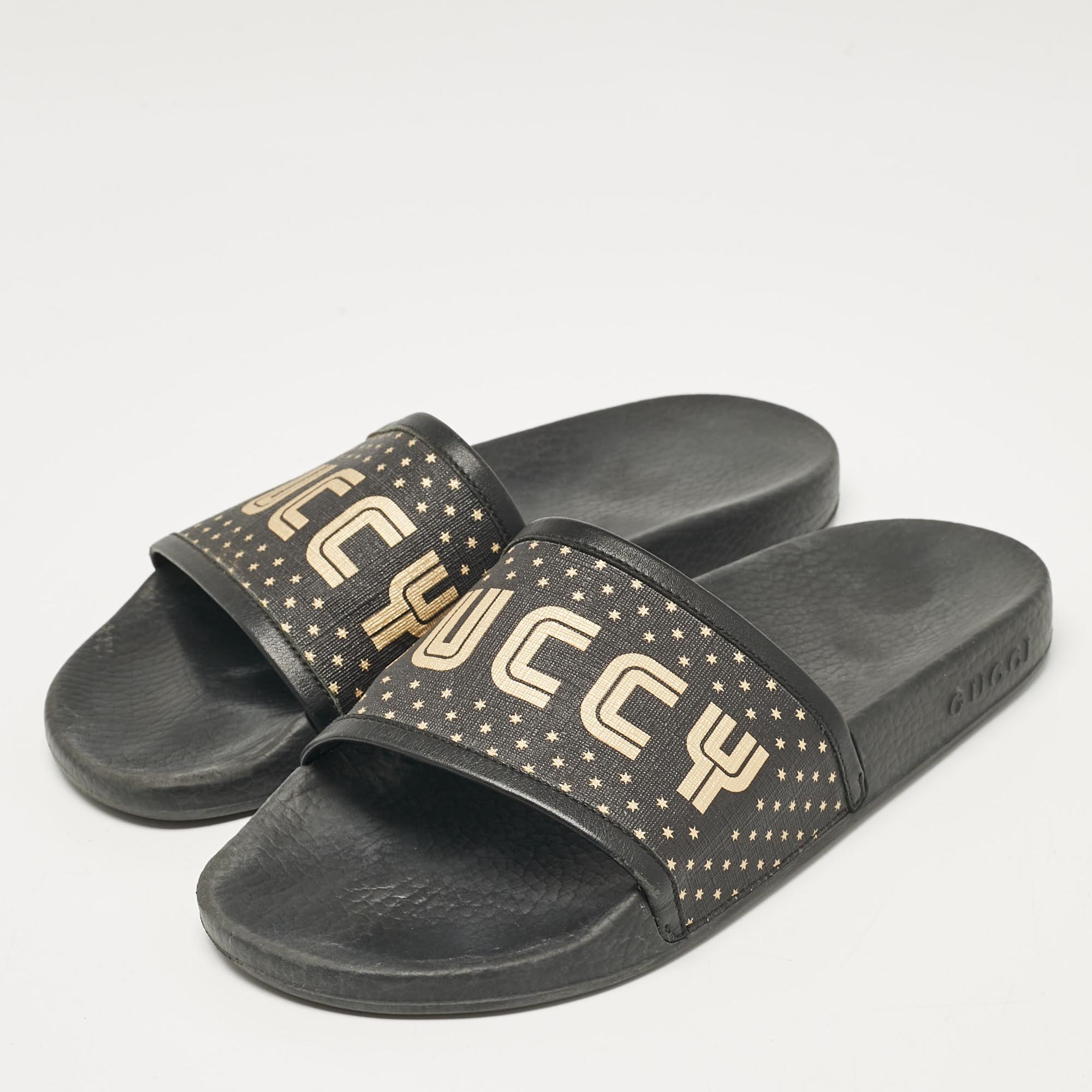 Gucci Black/Gold Coated Canvas And Leather Star Guccy Slides Size 38