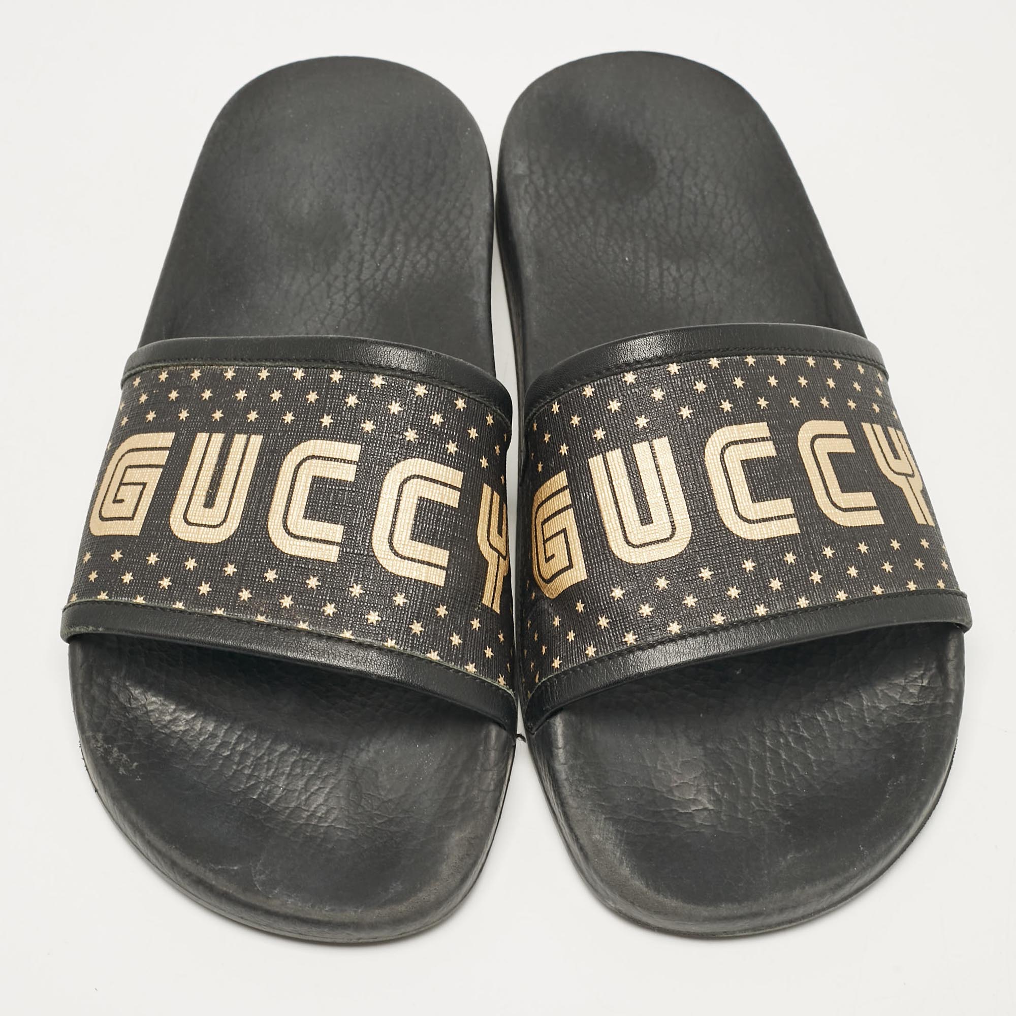 Gucci Black/Gold Coated Canvas And Leather Star Guccy Slides Size 38