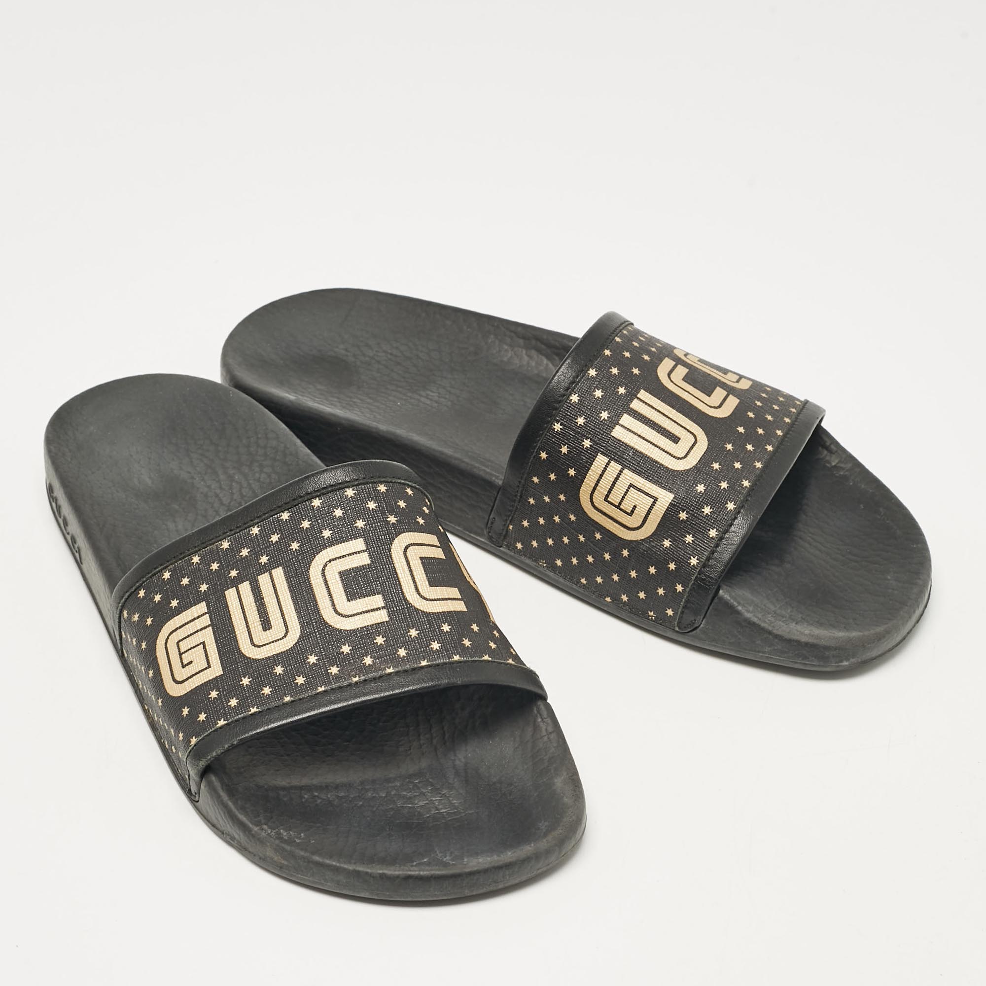 Gucci Black/Gold Coated Canvas And Leather Star Guccy Slides Size 38