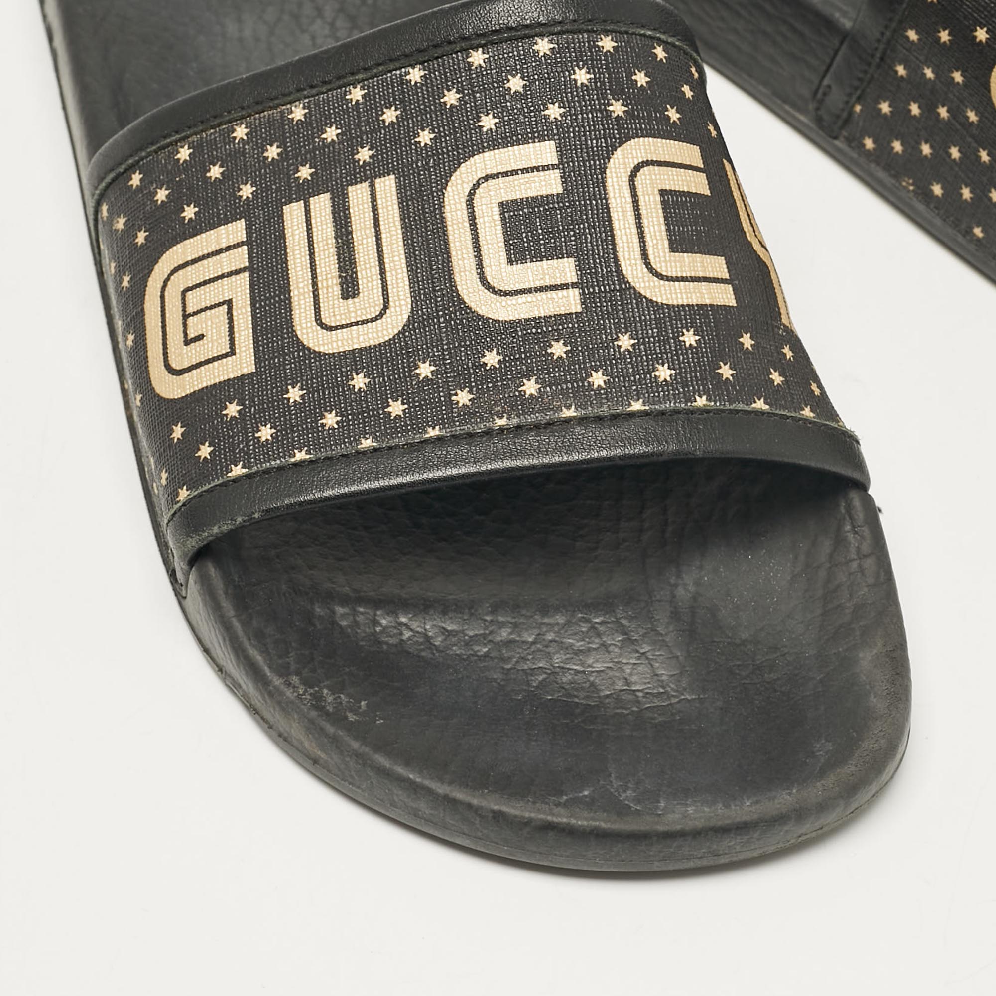 Gucci Black/Gold Coated Canvas And Leather Star Guccy Slides Size 38