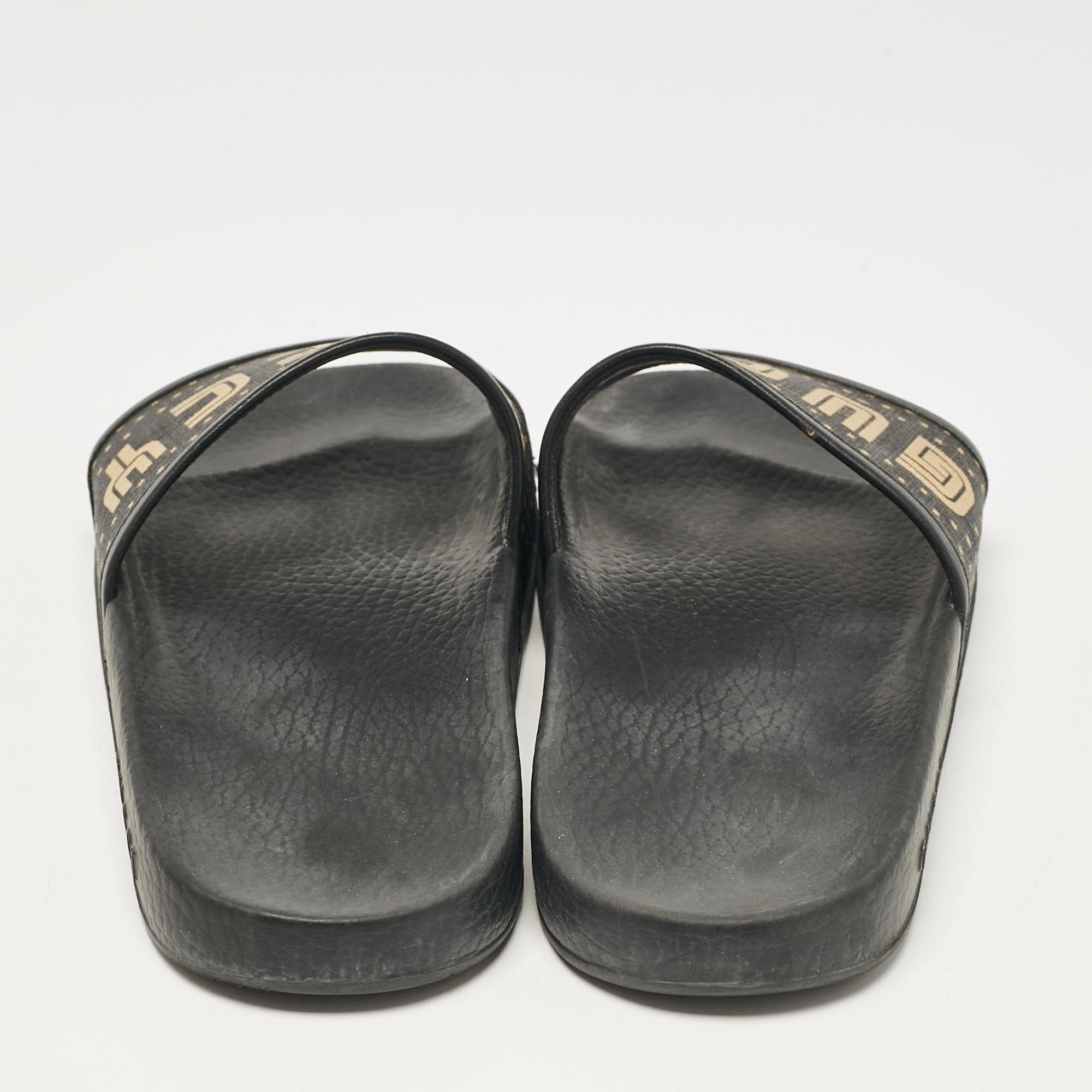 Gucci Black/Gold Coated Canvas And Leather Star Guccy Slides Size 38