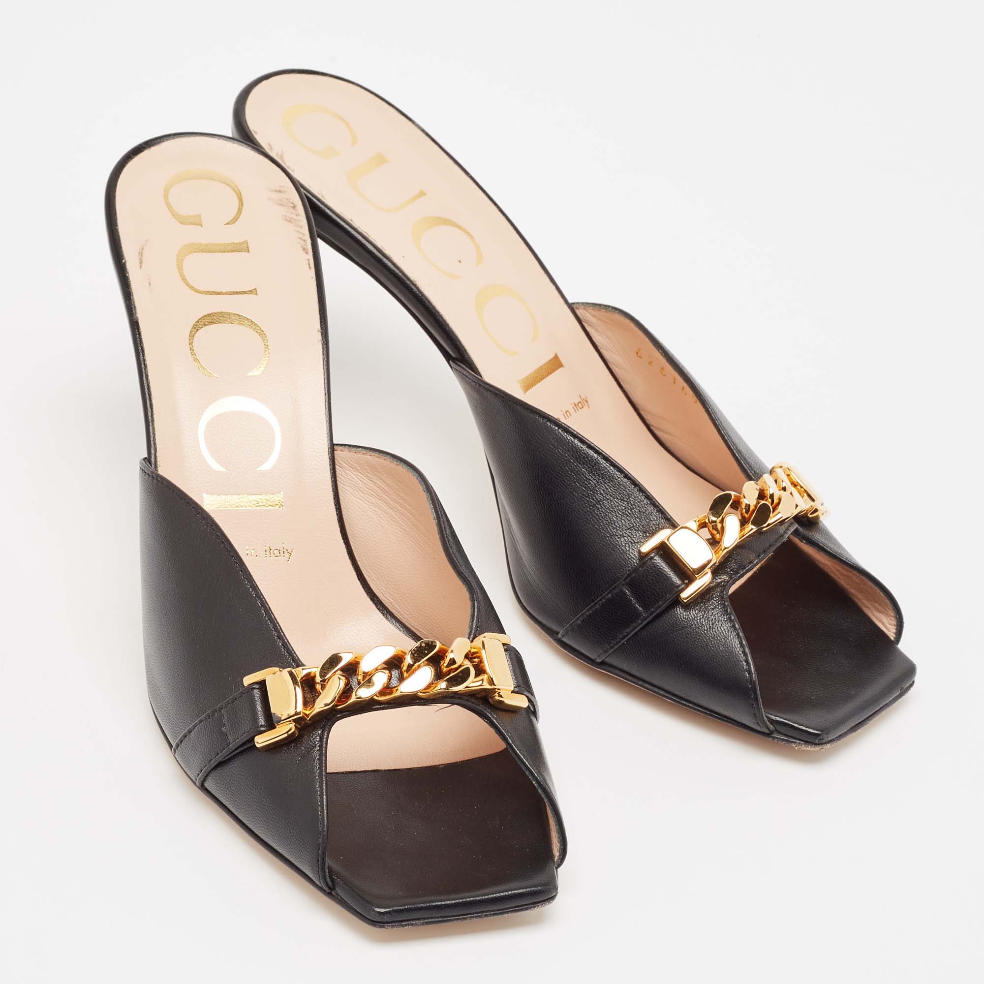 Gucci Black Leather Sylvie Chain Detail Mules Size 37