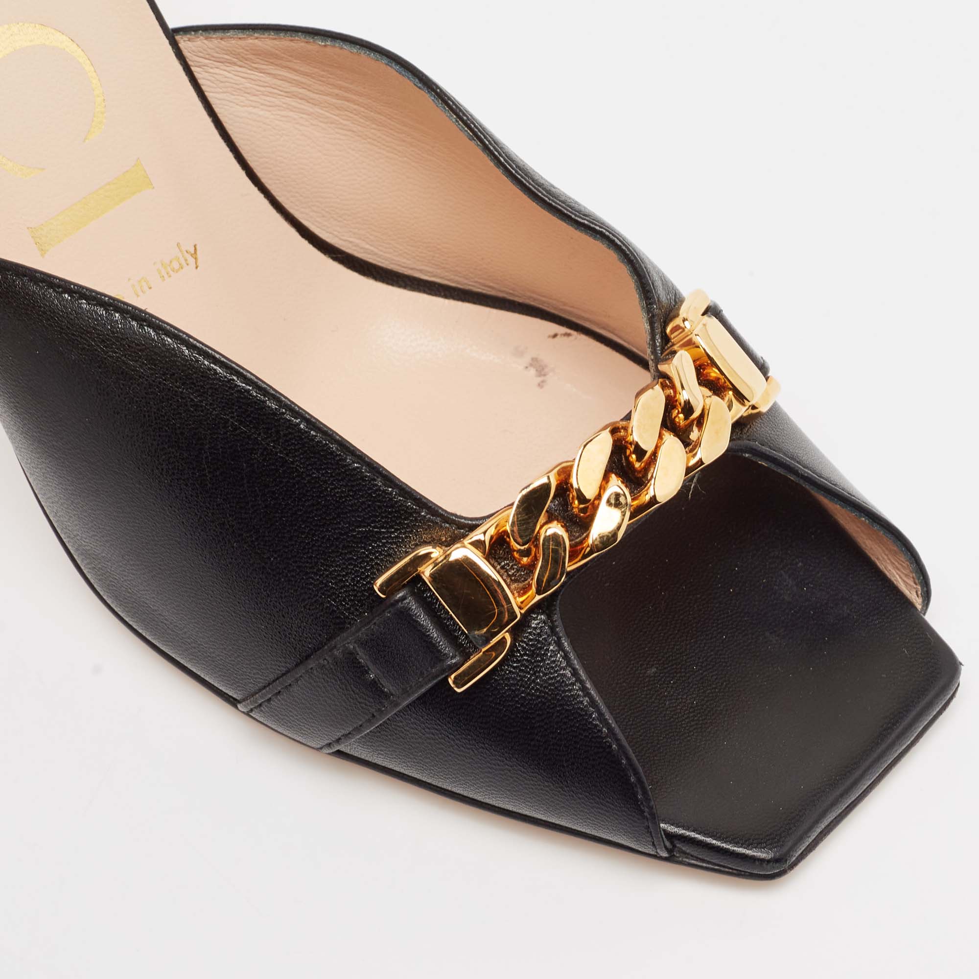 Gucci Black Leather Sylvie Chain Detail Mules Size 37