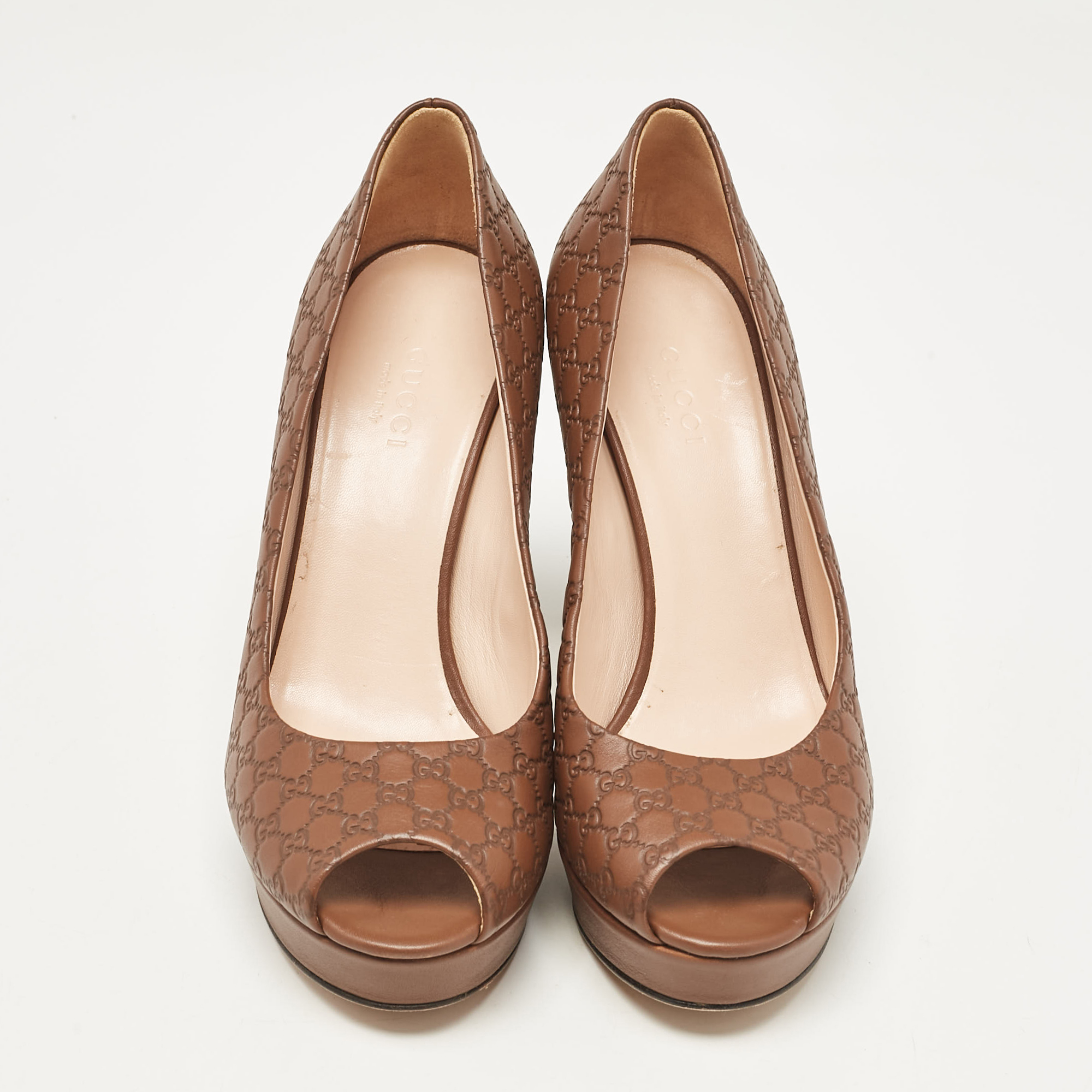 Gucci Brown Microguccissima Leather Peep Toe Platform Pumps Size 36.5