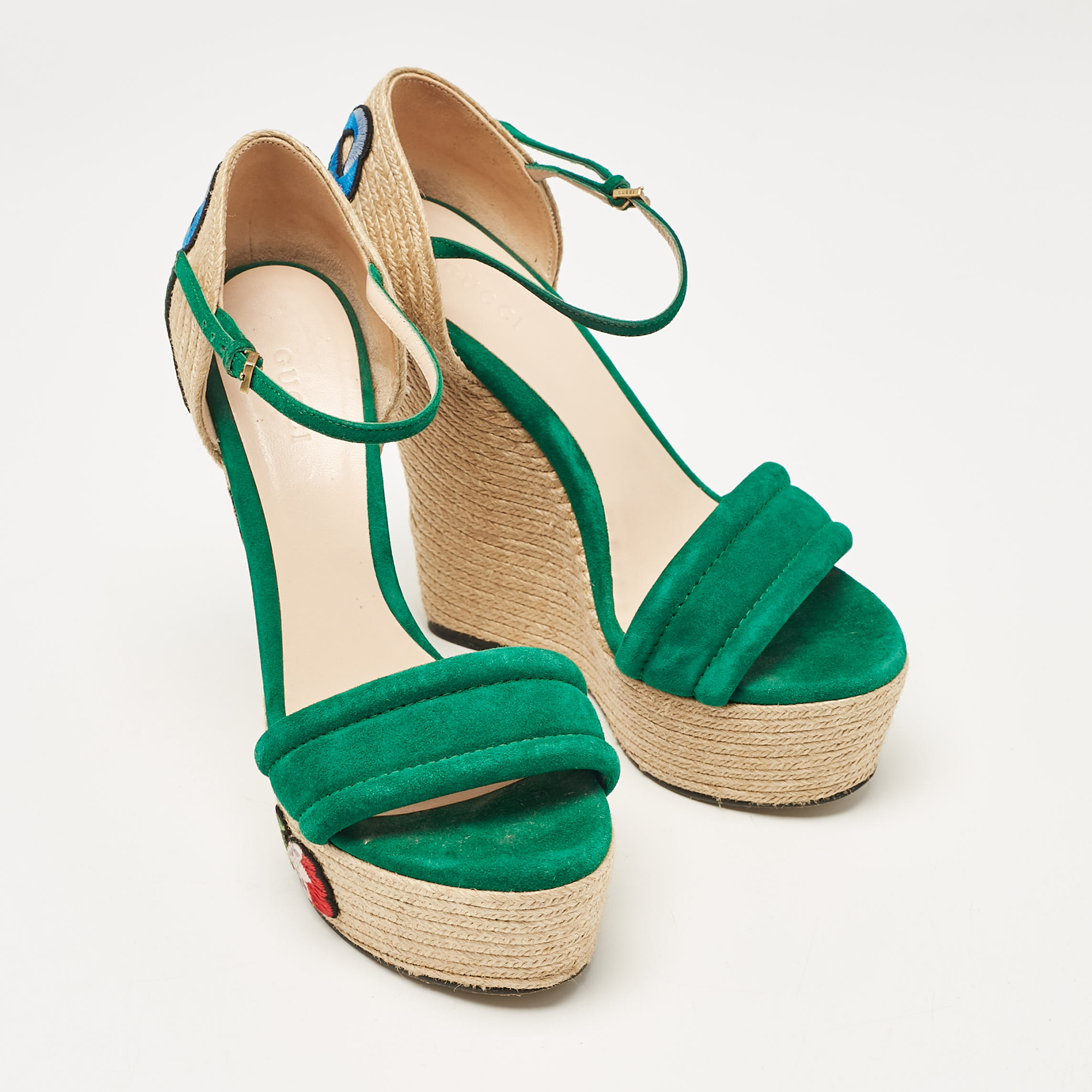 Gucci Green Suede Wedge Sandals Size 37.5