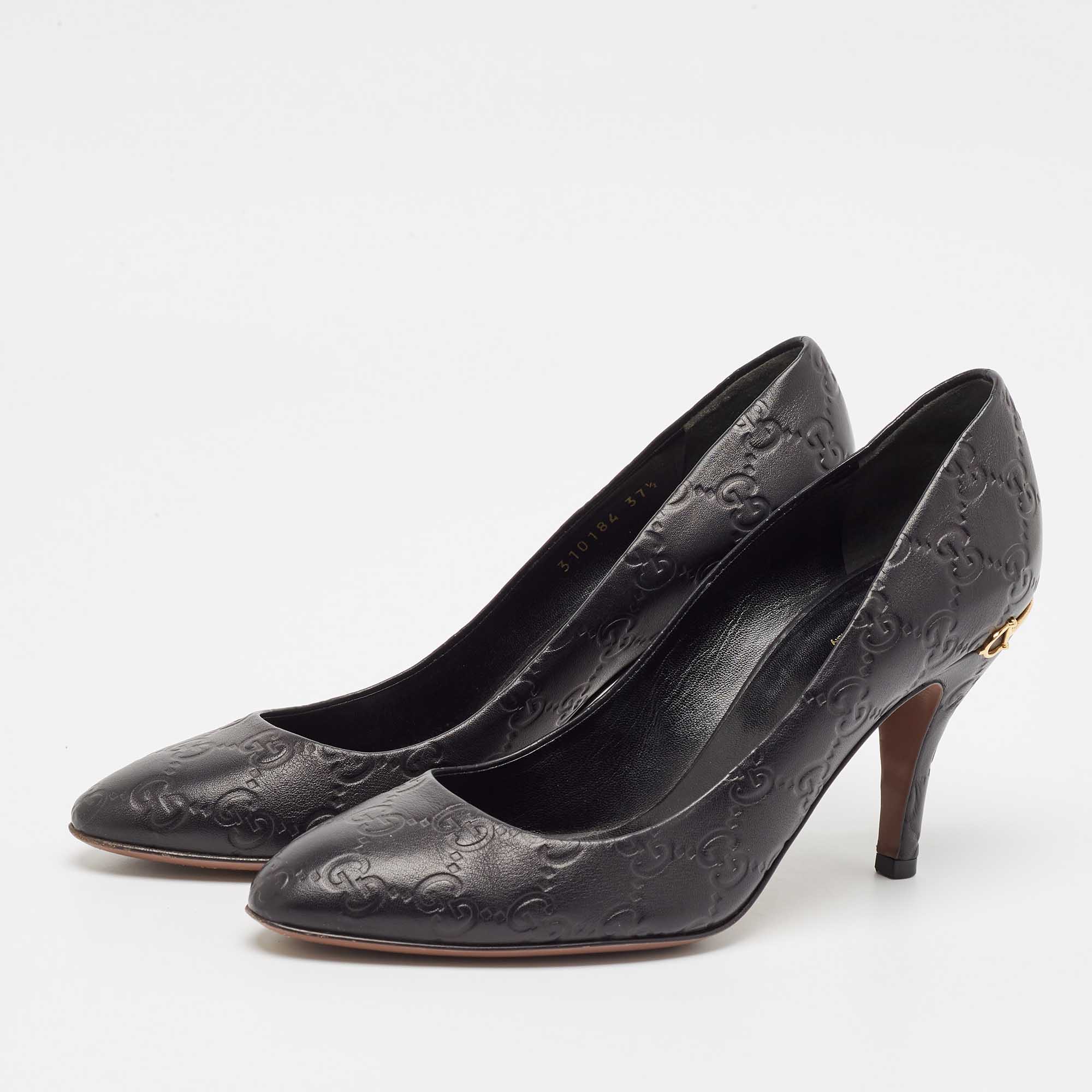 Gucci Black Guccissima Leather Horse-Bit Heel Round Toe Pumps Size 37.5