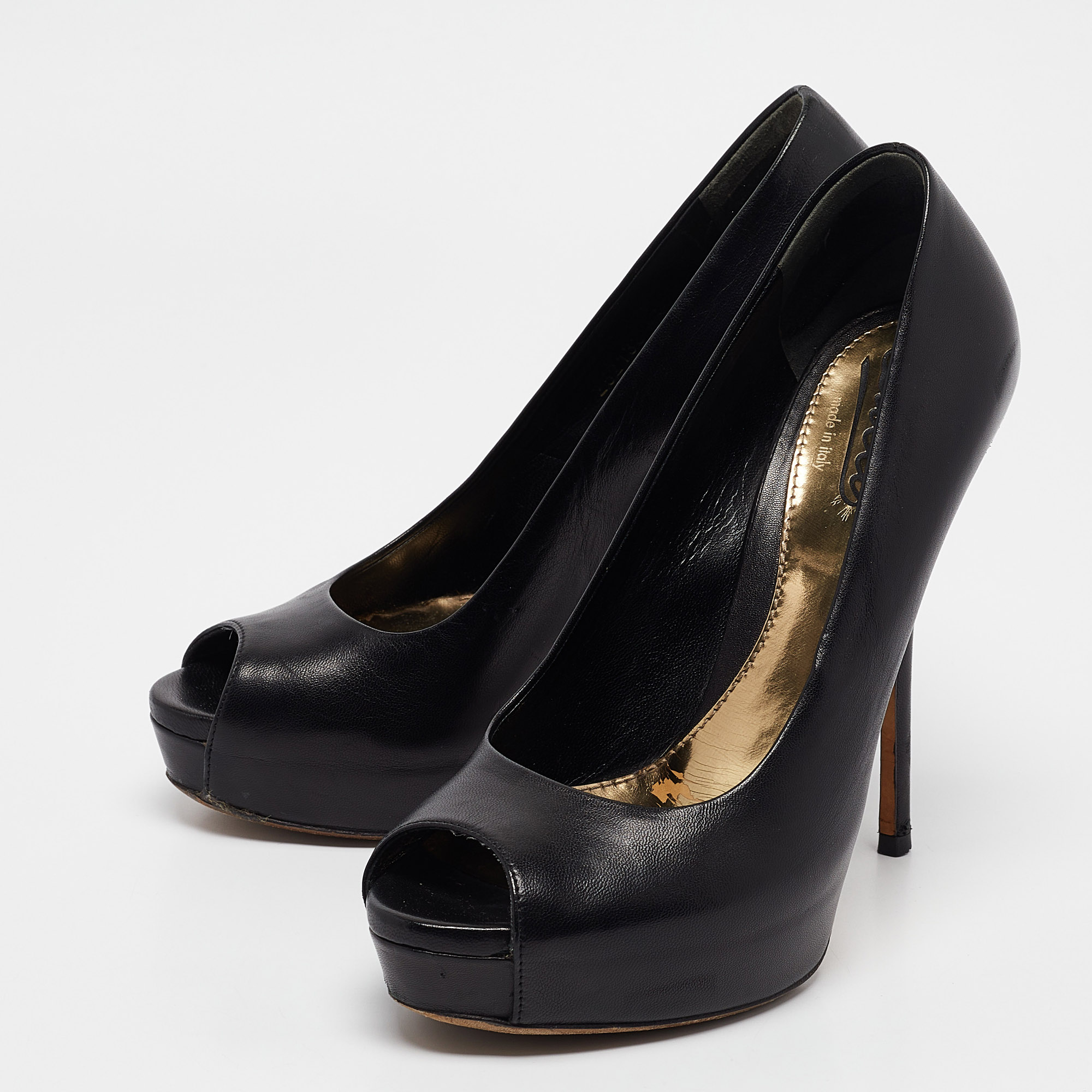 Gucci Black Leather Platform Peep Toe Pumps Size 37