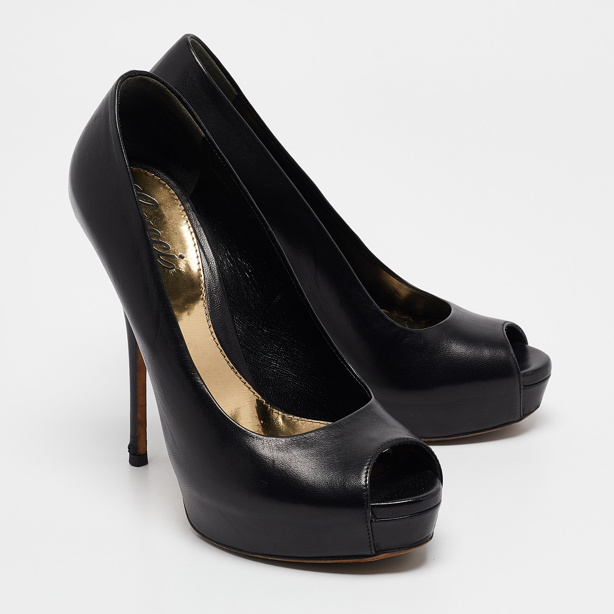 Gucci Black Leather Platform Peep Toe Pumps Size 37