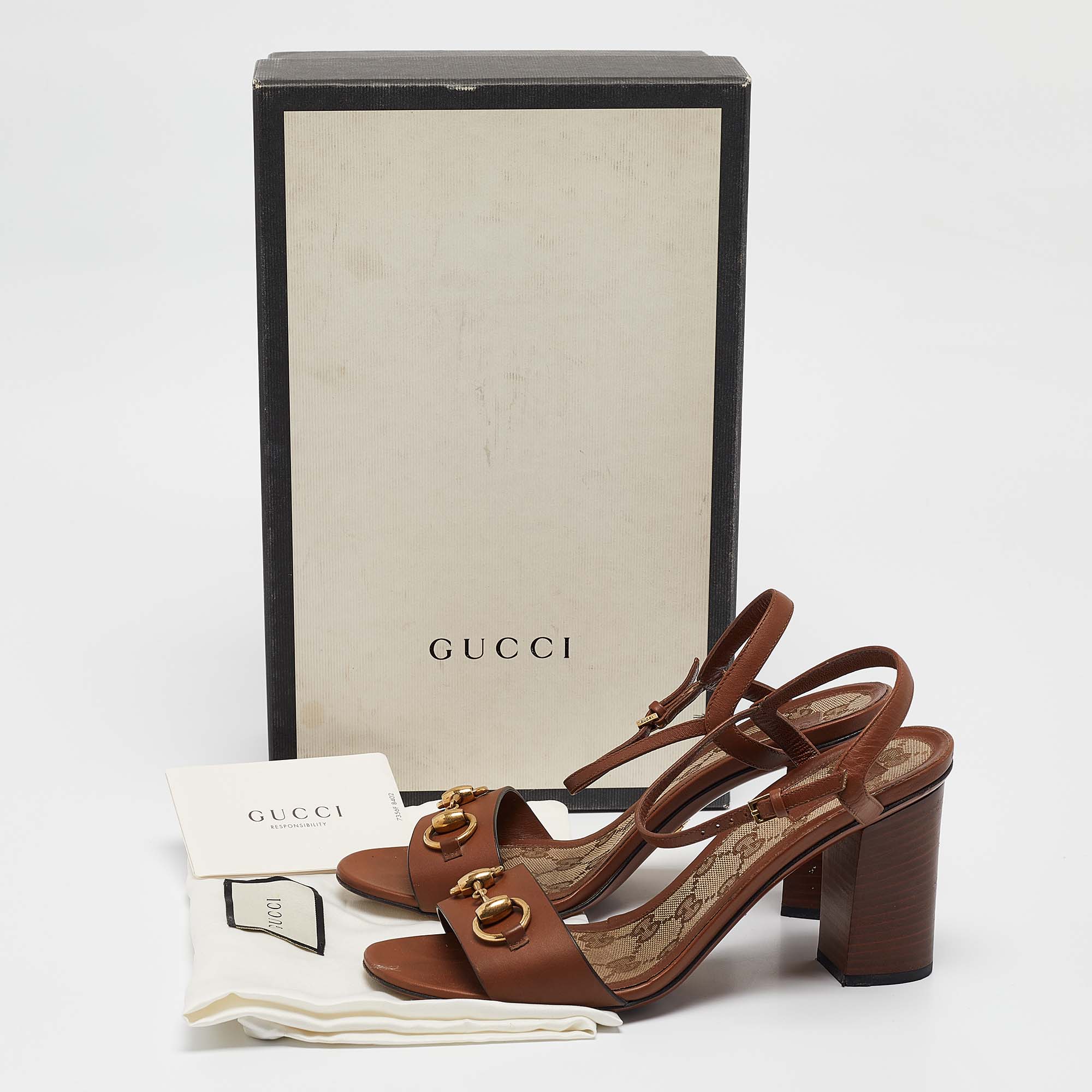 Gucci Brown Leather Horsebit Ankle Strap Sandals Size 37.5