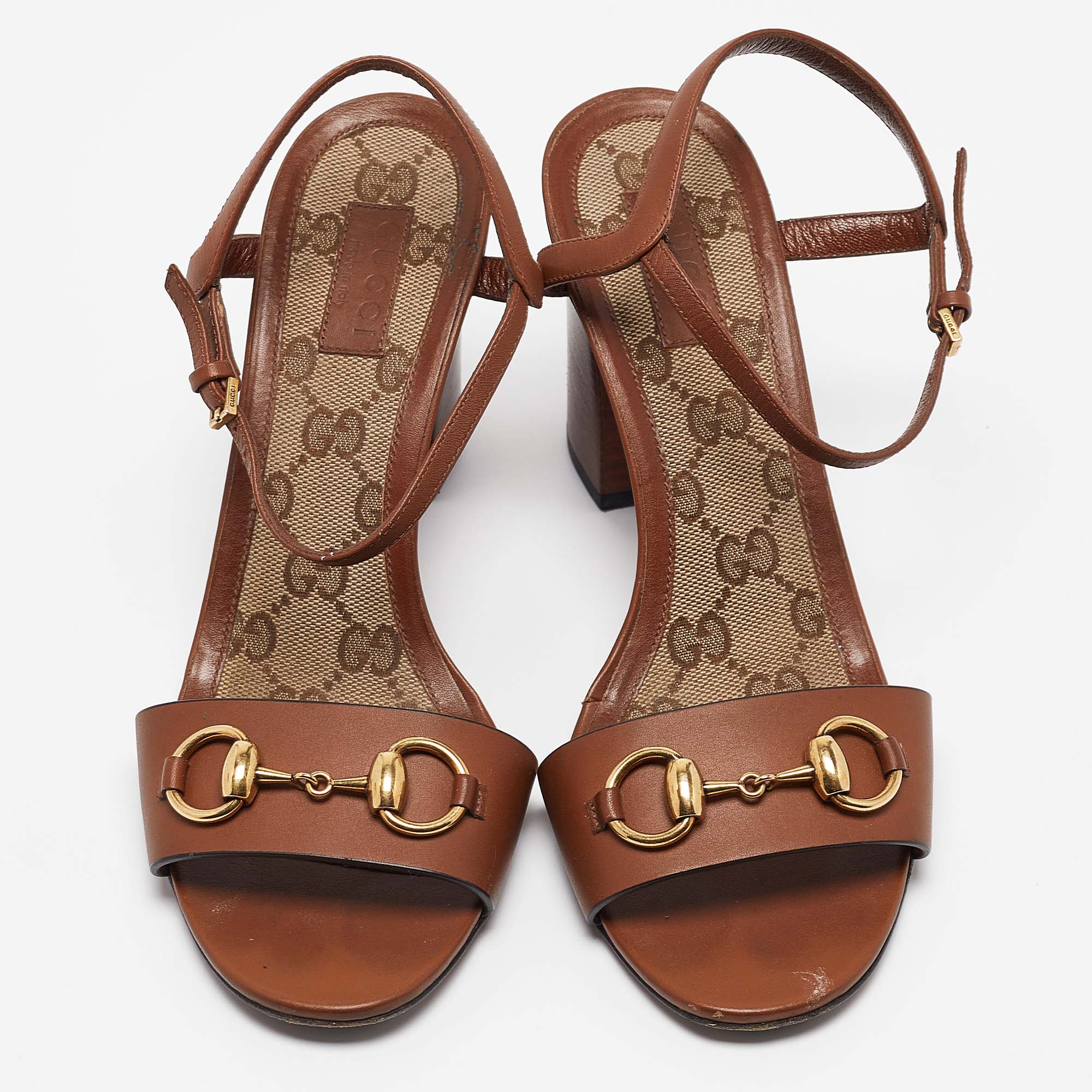 Gucci Brown Leather Horsebit Ankle Strap Sandals Size 37.5