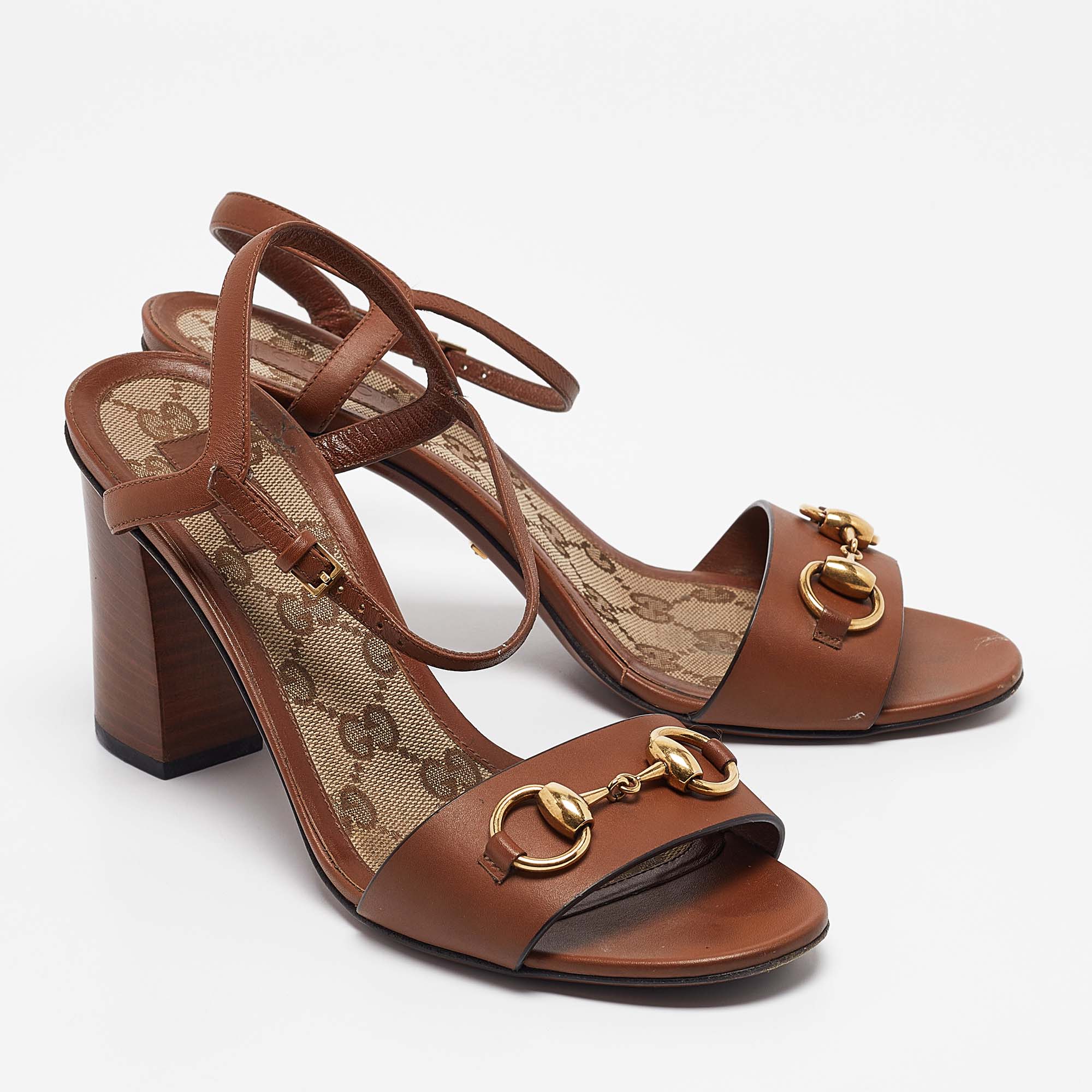 Gucci Brown Leather Horsebit Ankle Strap Sandals Size 37.5