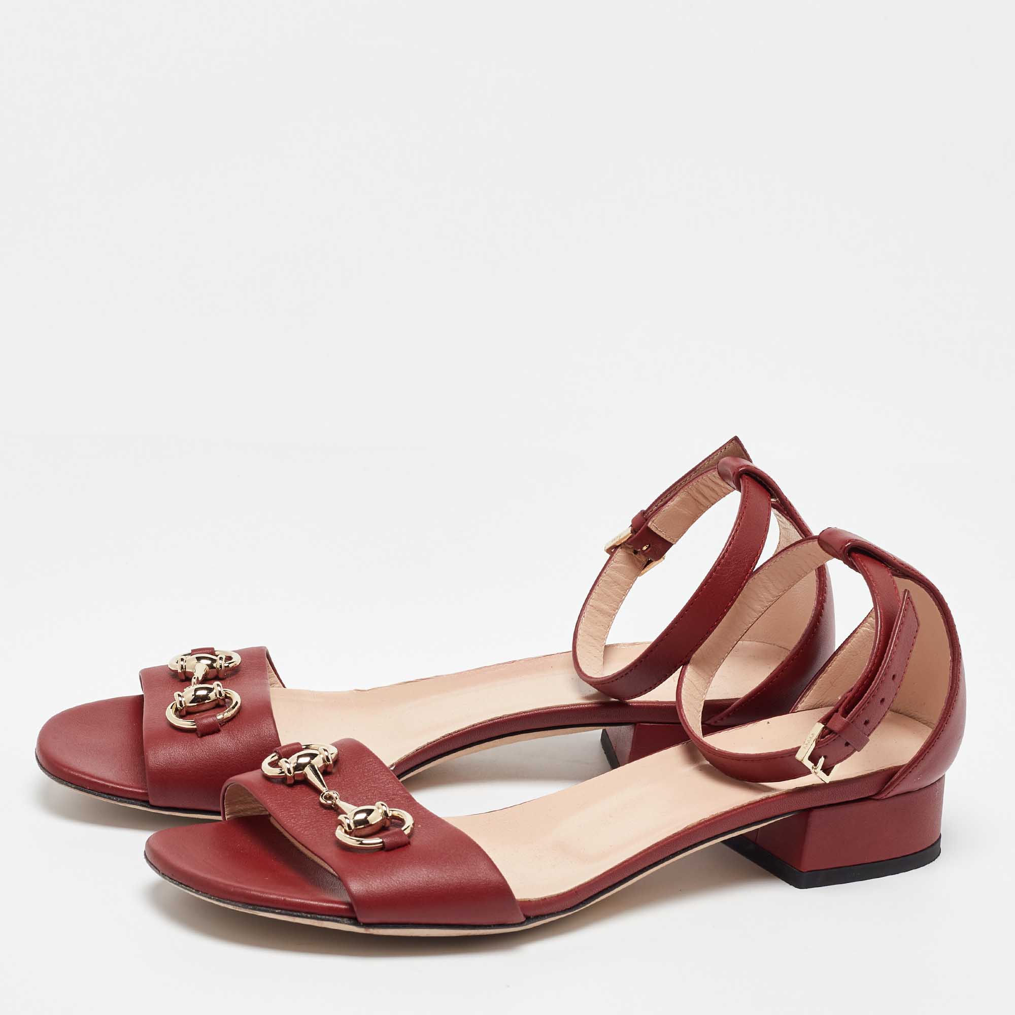 Gucci Red Leather Horsebit Ankle Strap Sandals Size 39