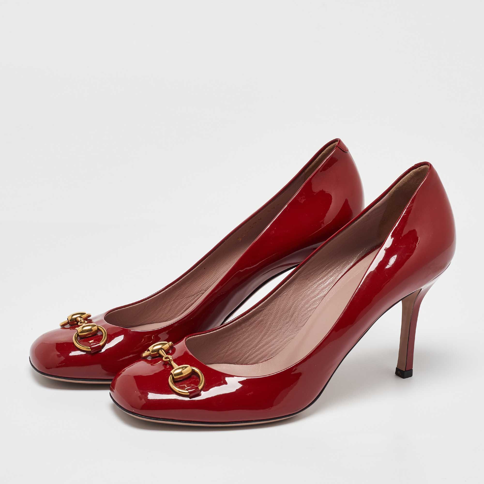 Gucci Red Patent Leather Jolene Horsebit Square Toe Pumps Size 39.5