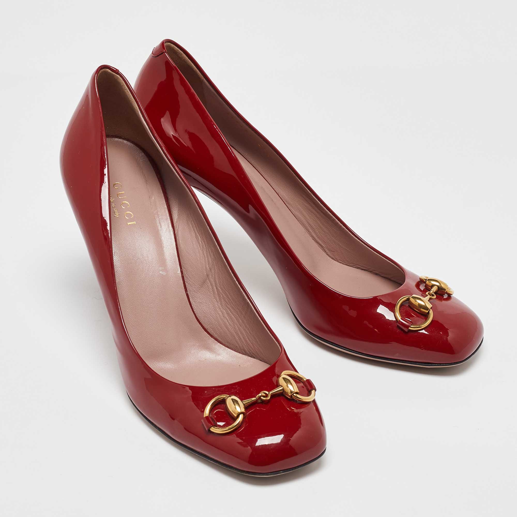 Gucci Red Patent Leather Jolene Horsebit Square Toe Pumps Size 39.5