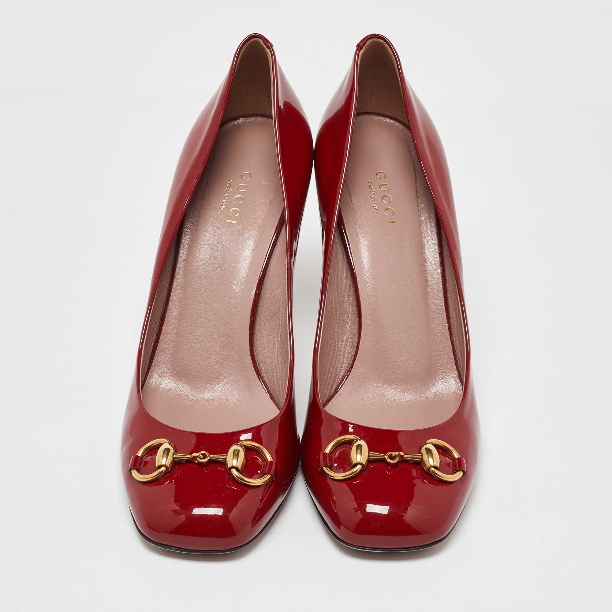 Gucci Red Patent Leather Jolene Horsebit Square Toe Pumps Size 39.5