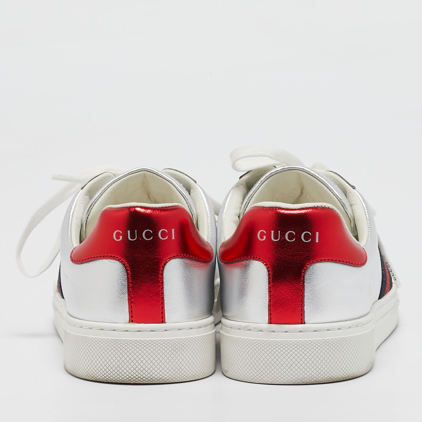 Gucci Silver Leather Web Ace Sneakers Size 37.5