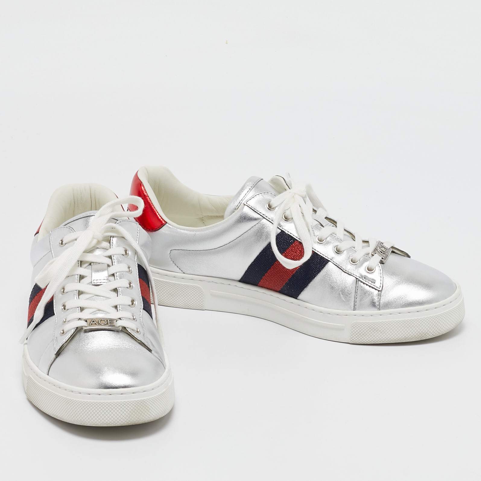 Gucci Silver Leather Web Ace Sneakers Size 37.5