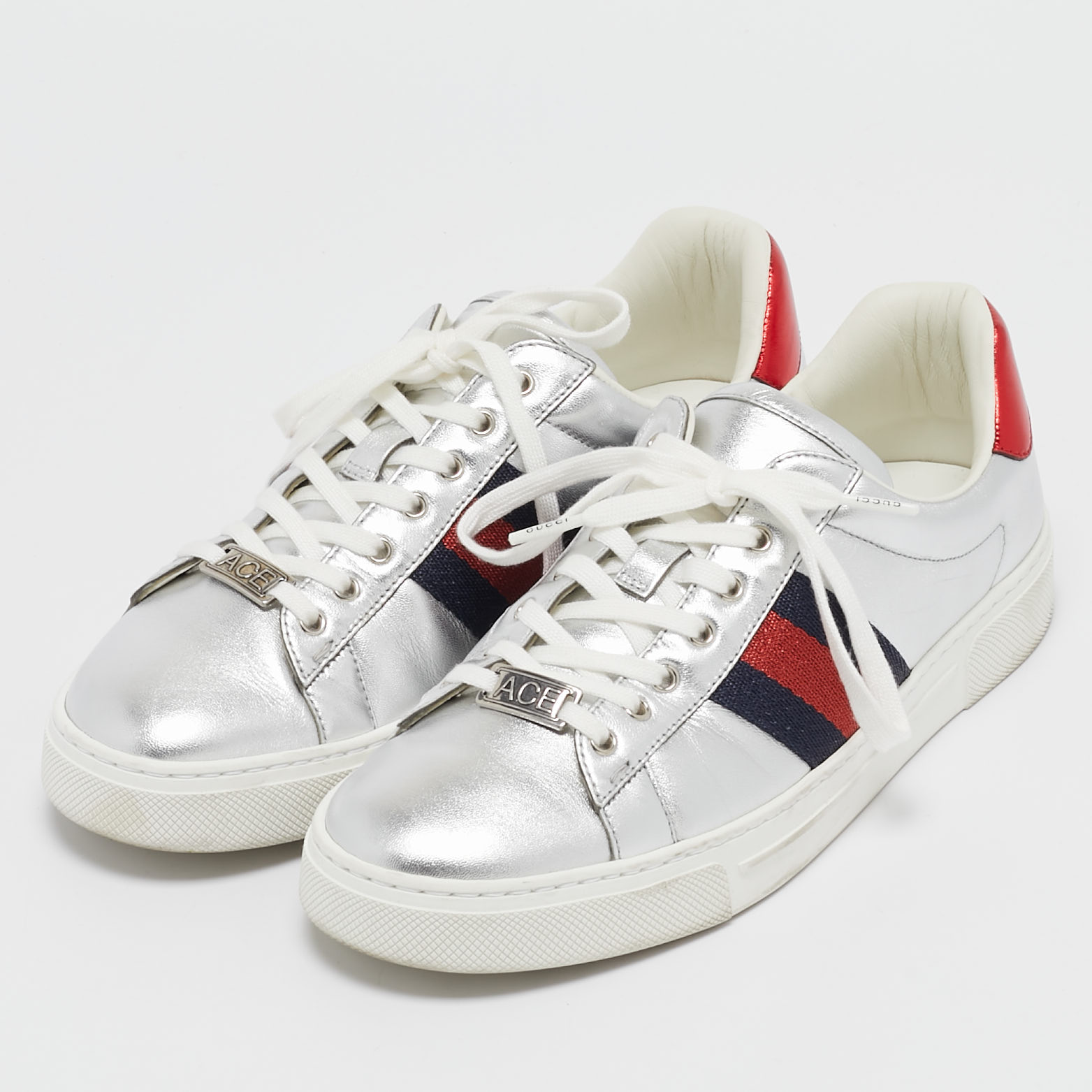 Gucci Silver Leather Web Ace Sneakers Size 37.5