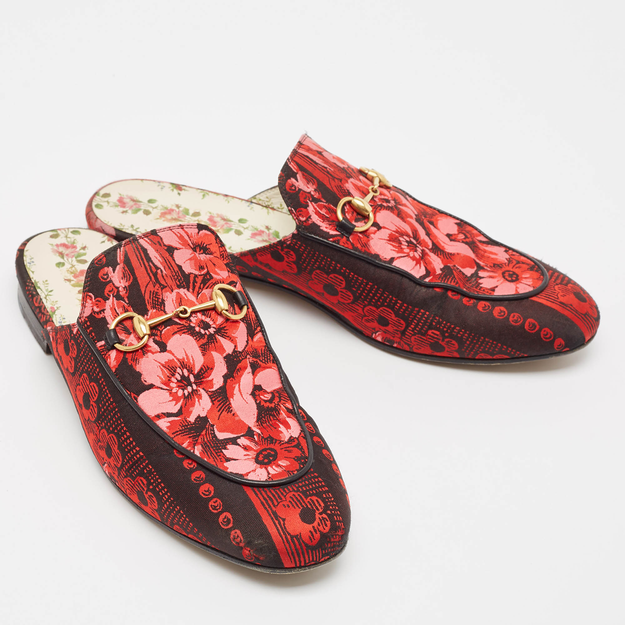 Gucci Red Floral Jacquard Princetown Flat Mules Size 41